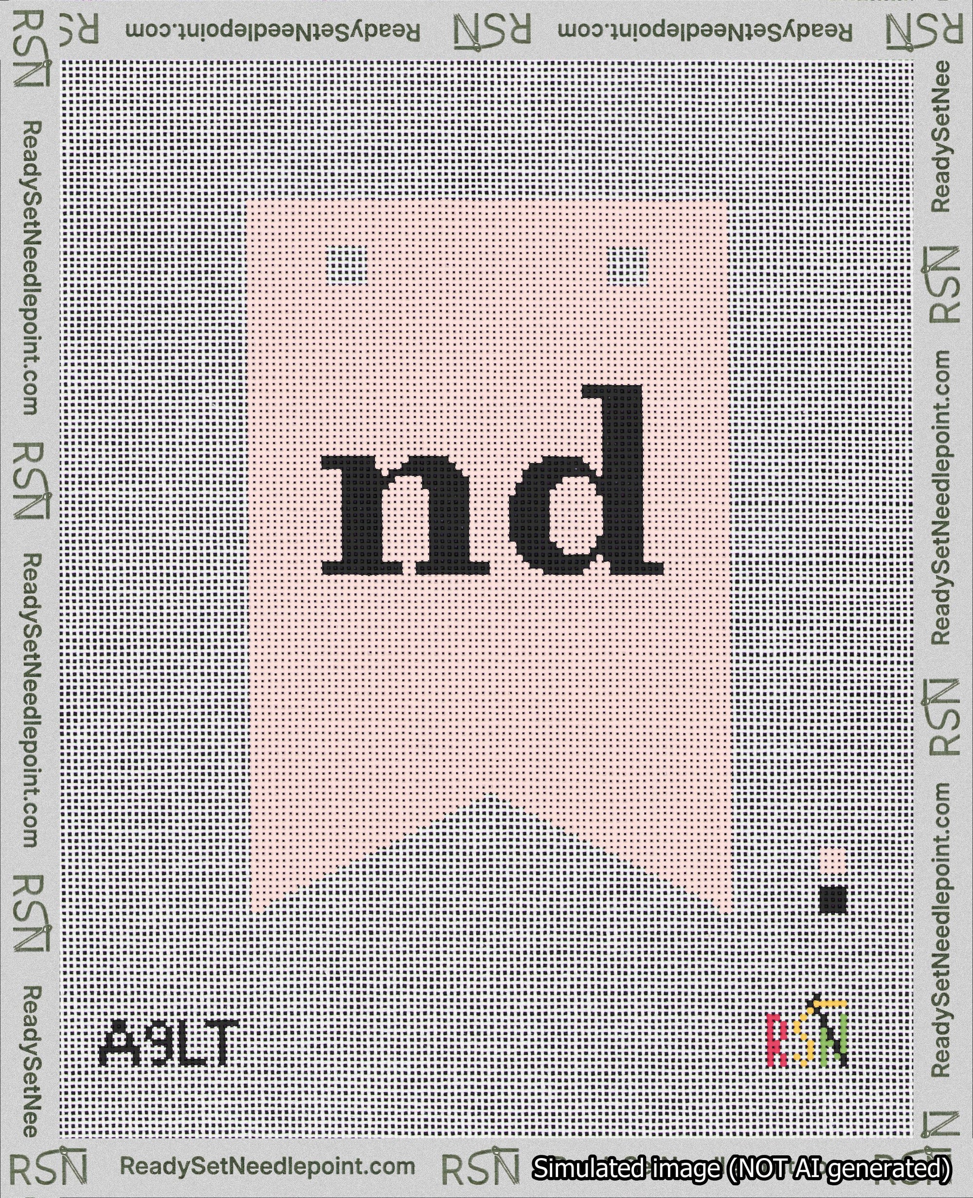 A taped needlepoint canvas with the design: Banner 18 mesh count Forked nd Black on Pink.