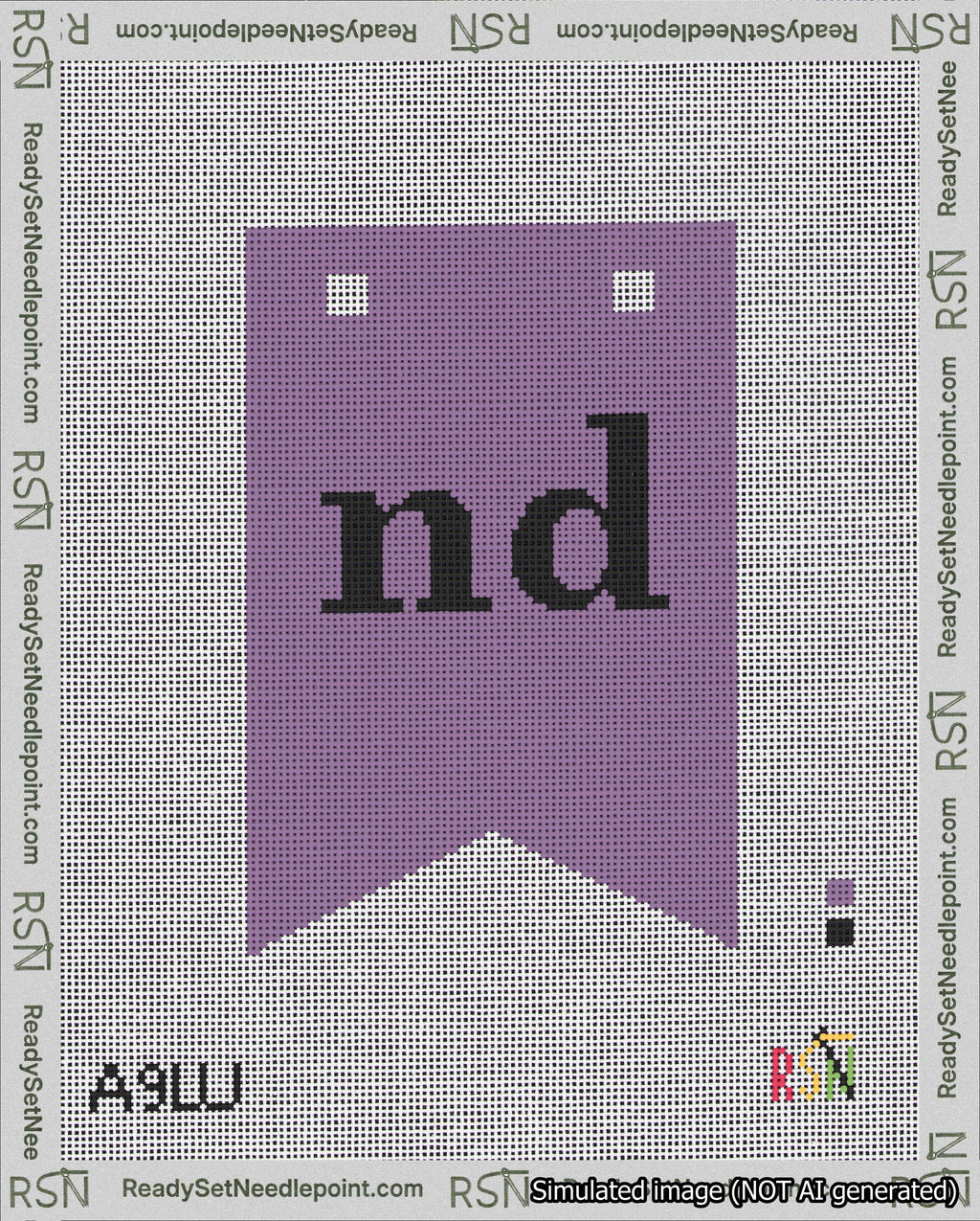 A taped needlepoint canvas with the design: Banner 18 mesh count Forked nd Black on Purple.