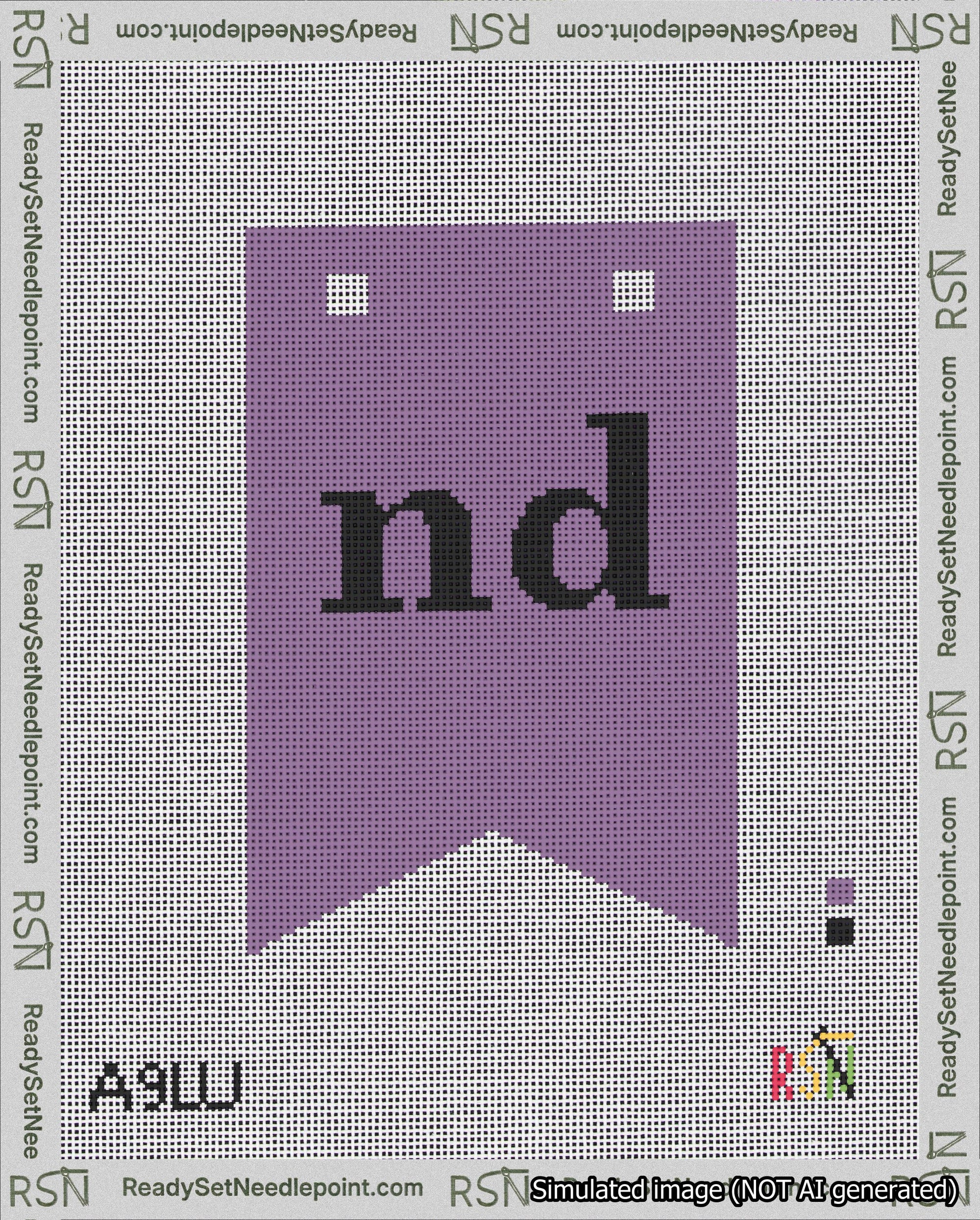 A taped needlepoint canvas with the design: Banner 18 mesh count Forked nd Black on Purple.