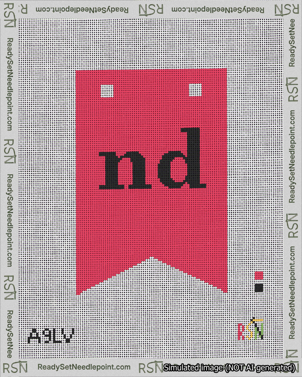 A taped needlepoint canvas with the design: Banner 18 mesh count Forked nd Black on Red.