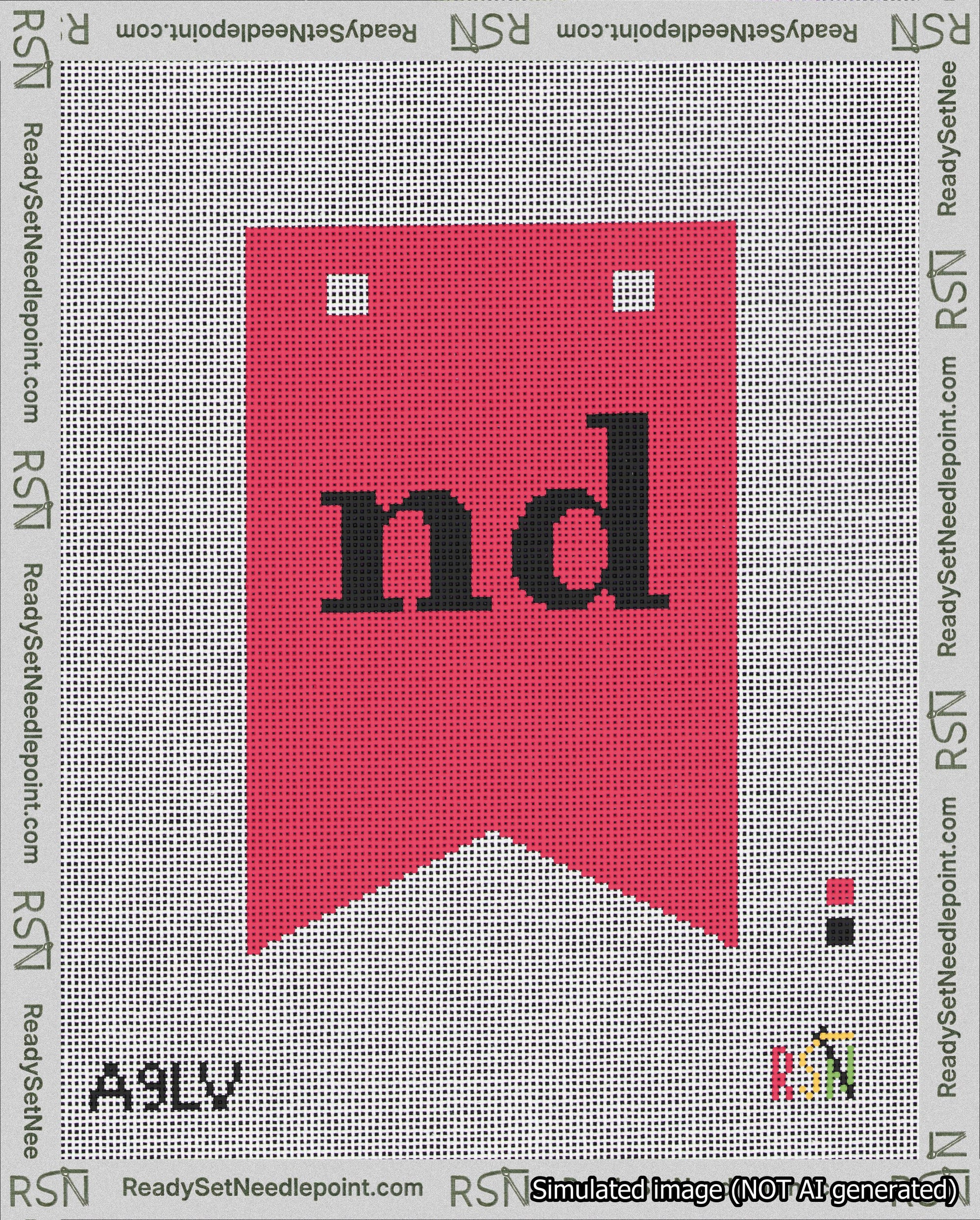 A taped needlepoint canvas with the design: Banner 18 mesh count Forked nd Black on Red.