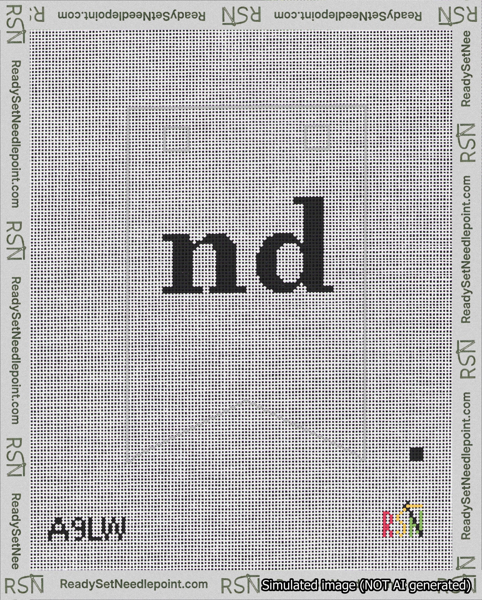 A taped needlepoint canvas with the design: Banner 18 mesh count Forked nd Black on White.