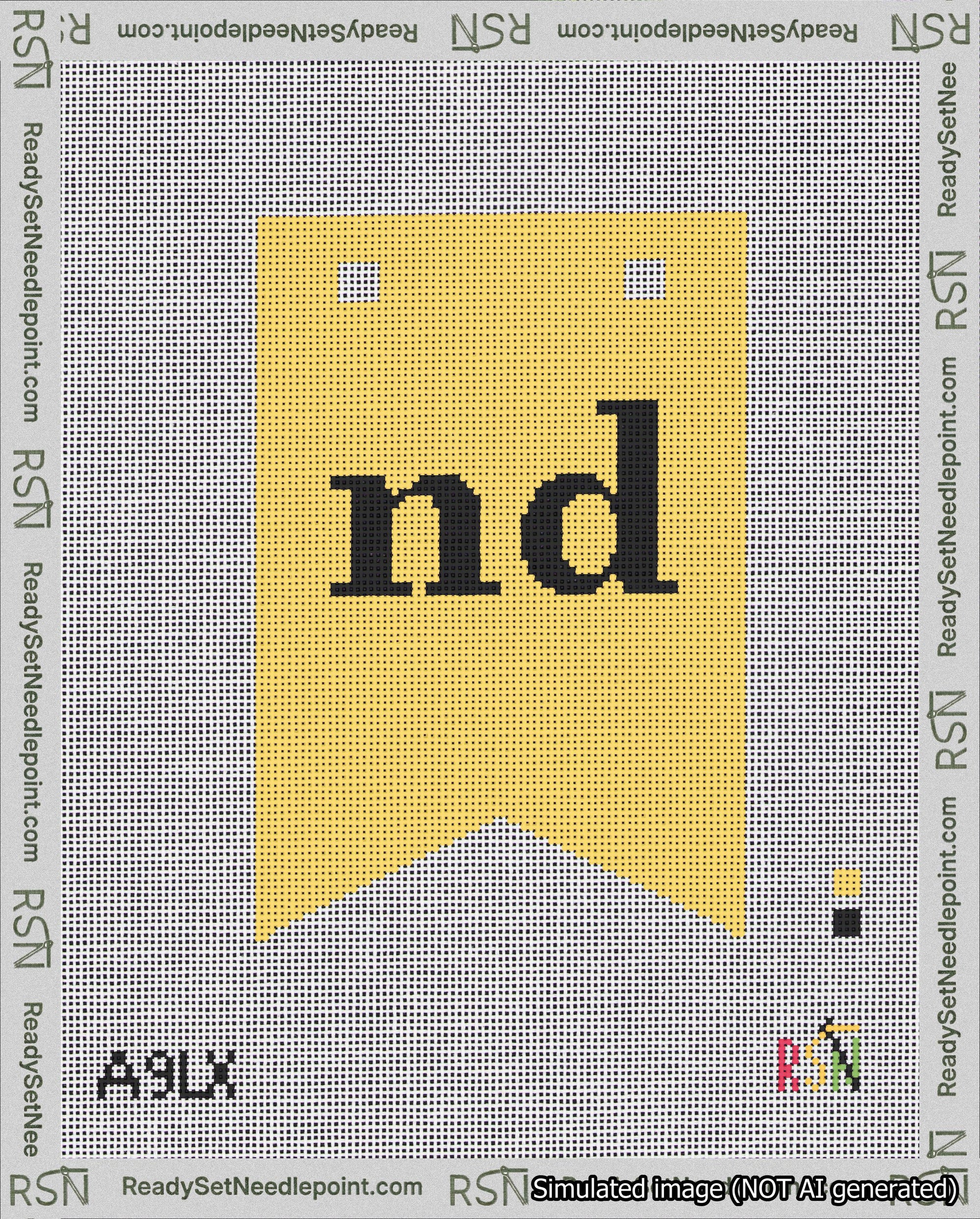 A taped needlepoint canvas with the design: Banner 18 mesh count Forked nd Black on Yellow.