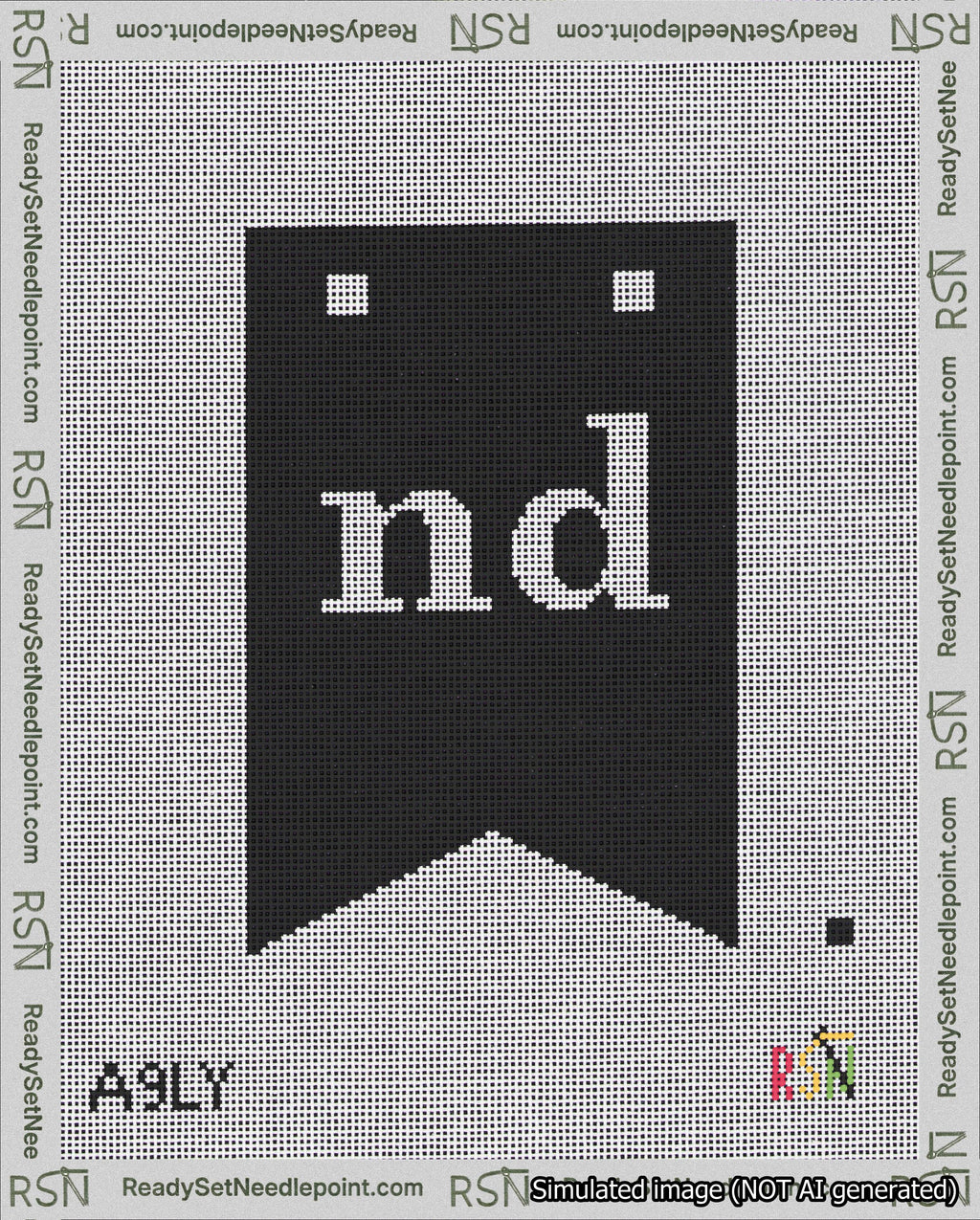 A taped needlepoint canvas with the design: Banner 18 mesh count Forked nd White on Black.