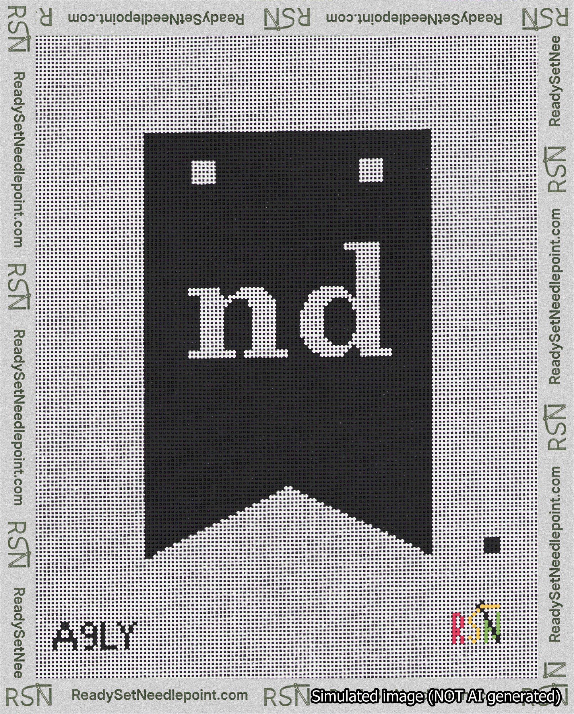 A taped needlepoint canvas with the design: Banner 18 mesh count Forked nd White on Black.