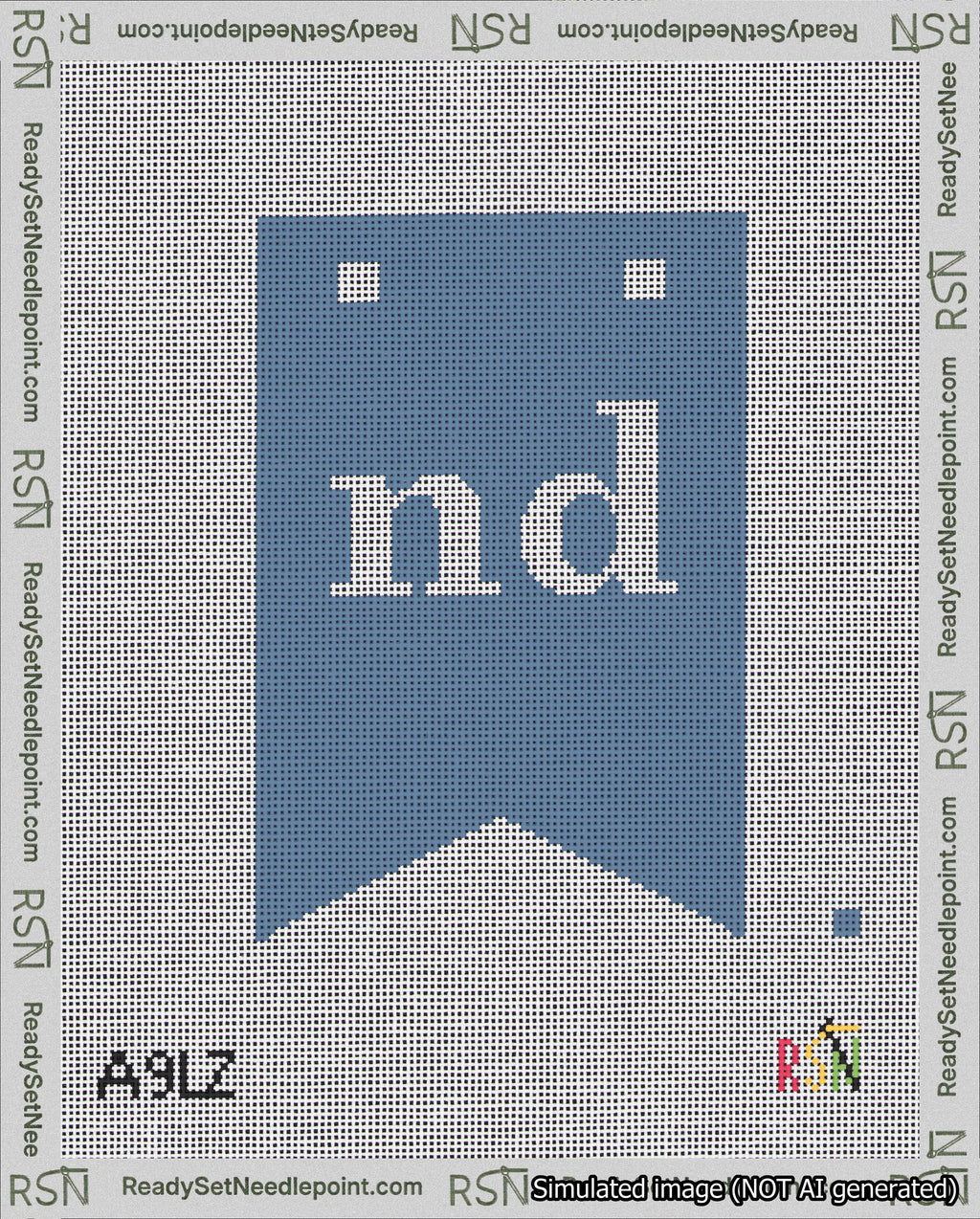 A taped needlepoint canvas with the design: Banner 18 mesh count Forked nd White on Blue.