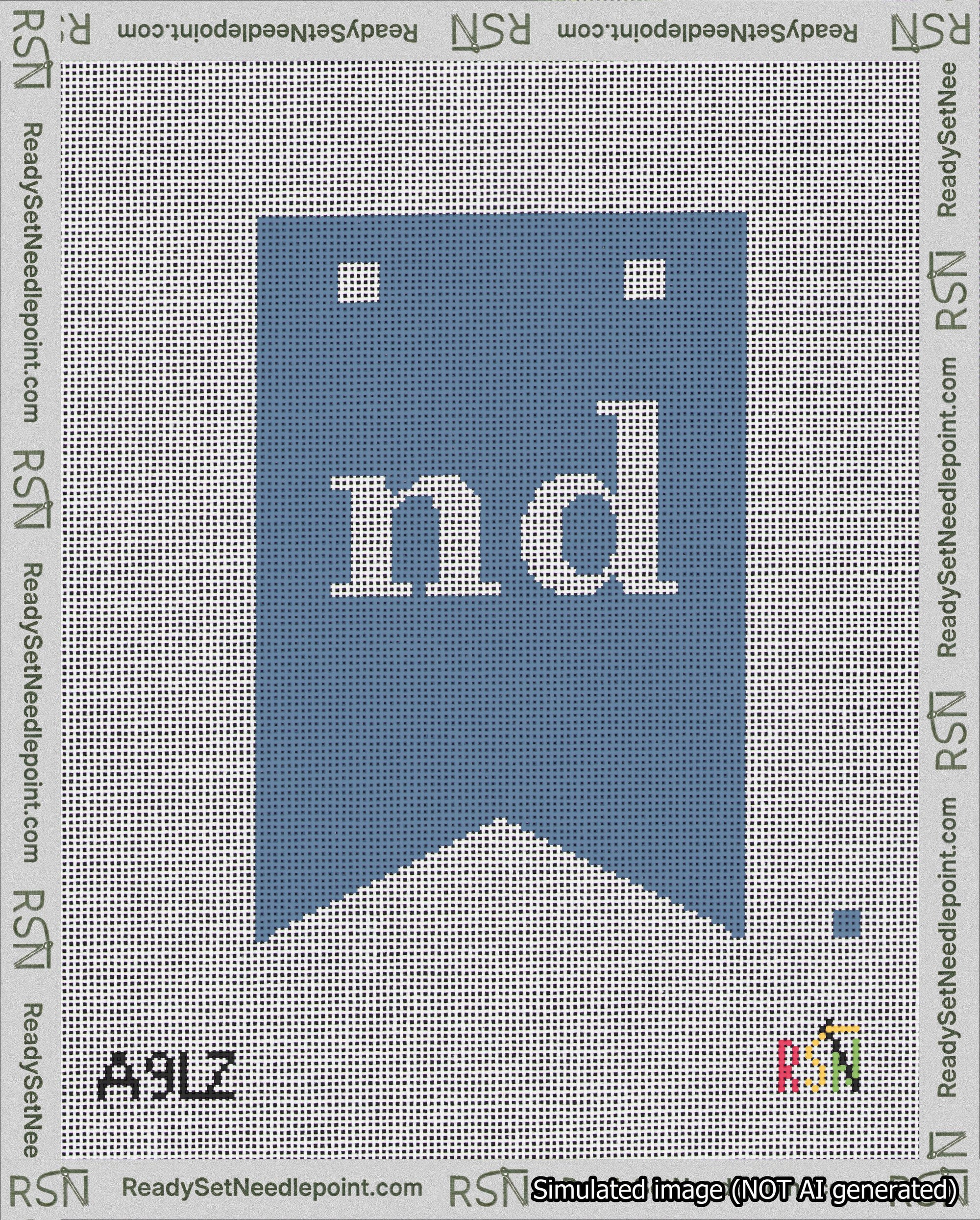 A taped needlepoint canvas with the design: Banner 18 mesh count Forked nd White on Blue.
