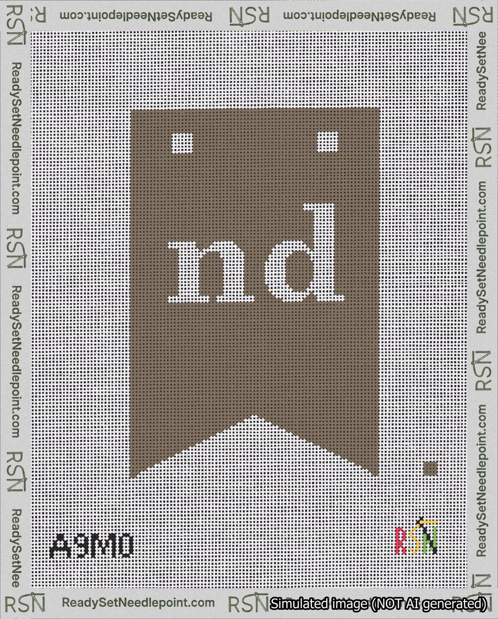 A taped needlepoint canvas with the design: Banner 18 mesh count Forked nd White on Brown.