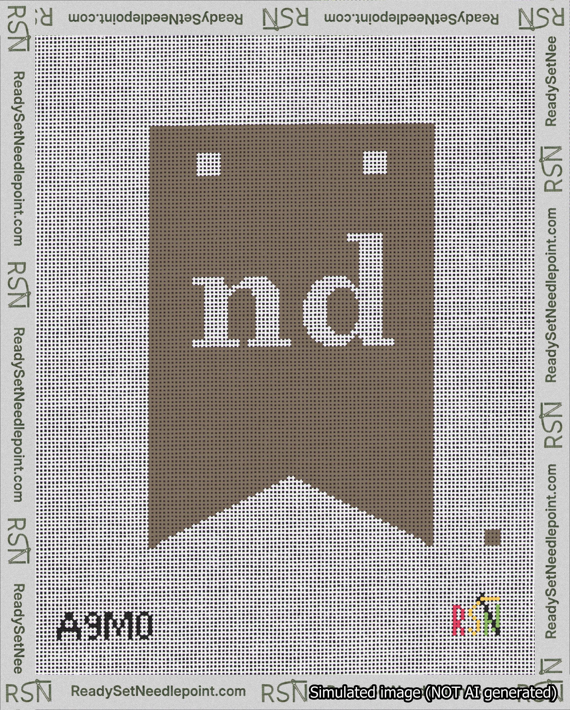 A taped needlepoint canvas with the design: Banner 18 mesh count Forked nd White on Brown.