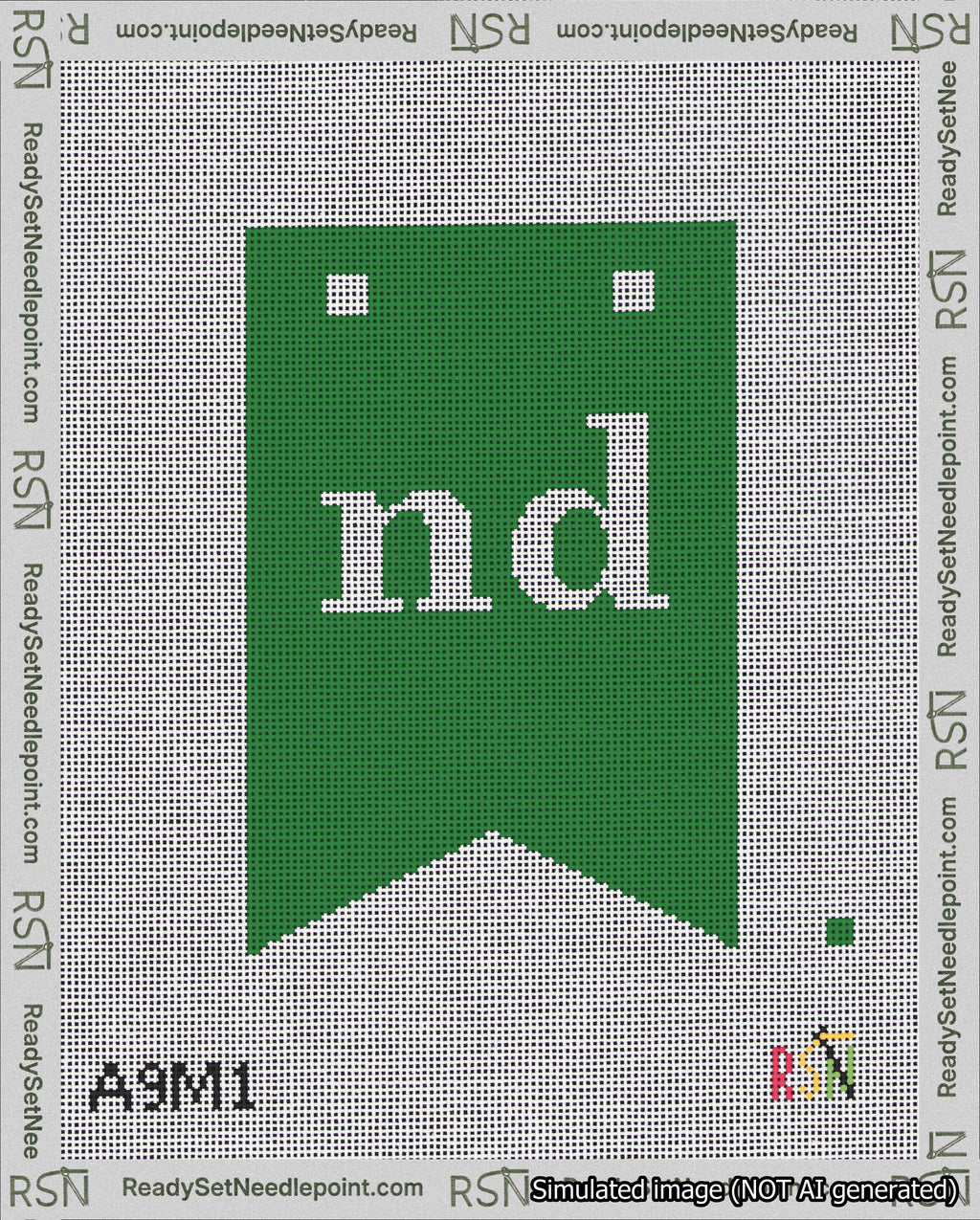 A taped needlepoint canvas with the design: Banner 18 mesh count Forked nd White on Green.