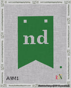 A taped needlepoint canvas with the design: Banner 18 mesh count Forked nd White on Green.