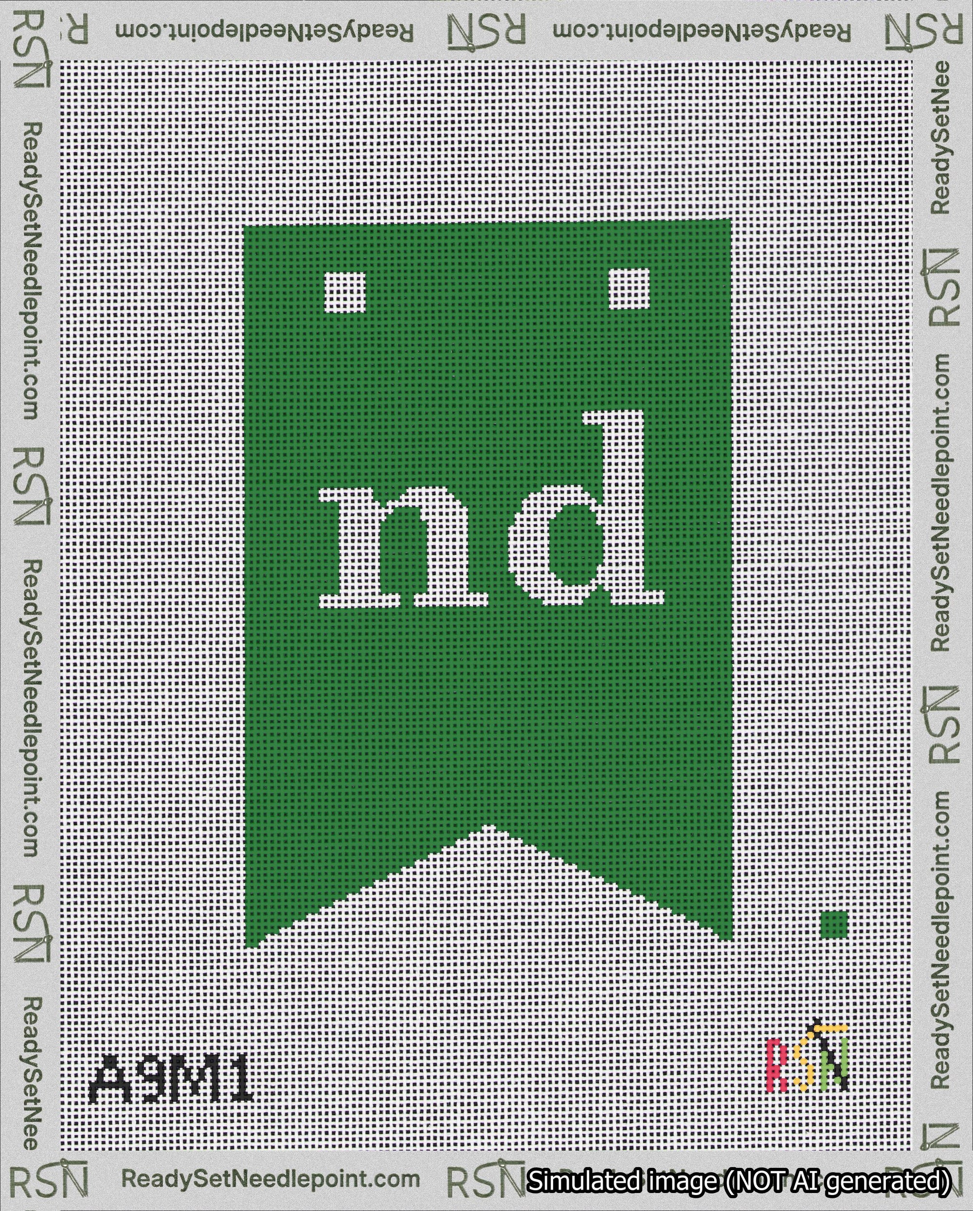 A taped needlepoint canvas with the design: Banner 18 mesh count Forked nd White on Green.