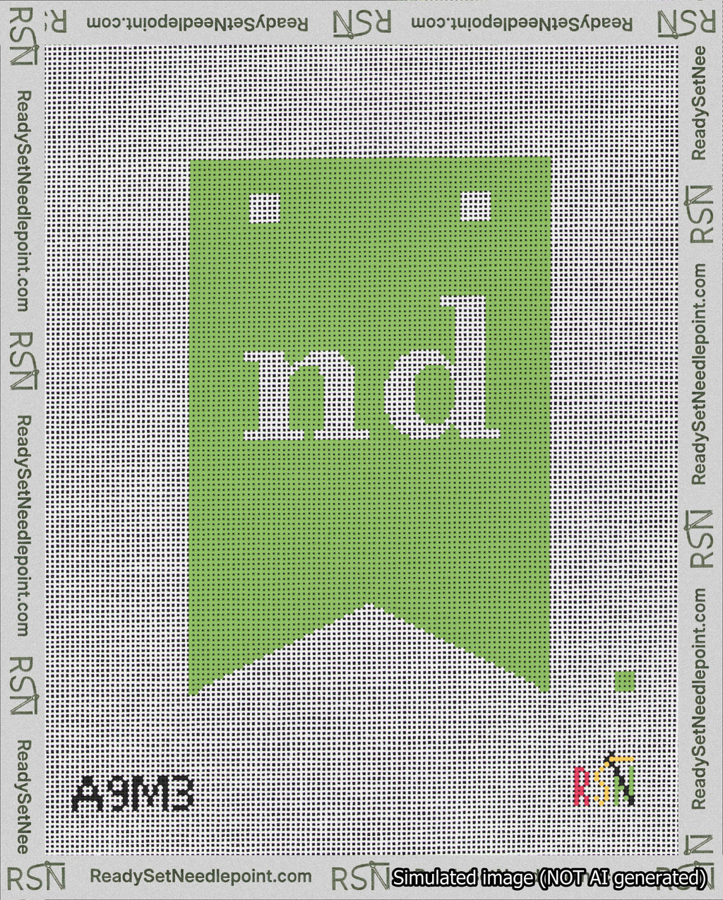 A taped needlepoint canvas with the design: Banner 18 mesh count Forked nd White on Light Green.