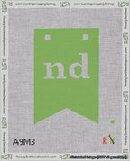 A taped needlepoint canvas with the design: Banner 18 mesh count Forked nd White on Light Green.