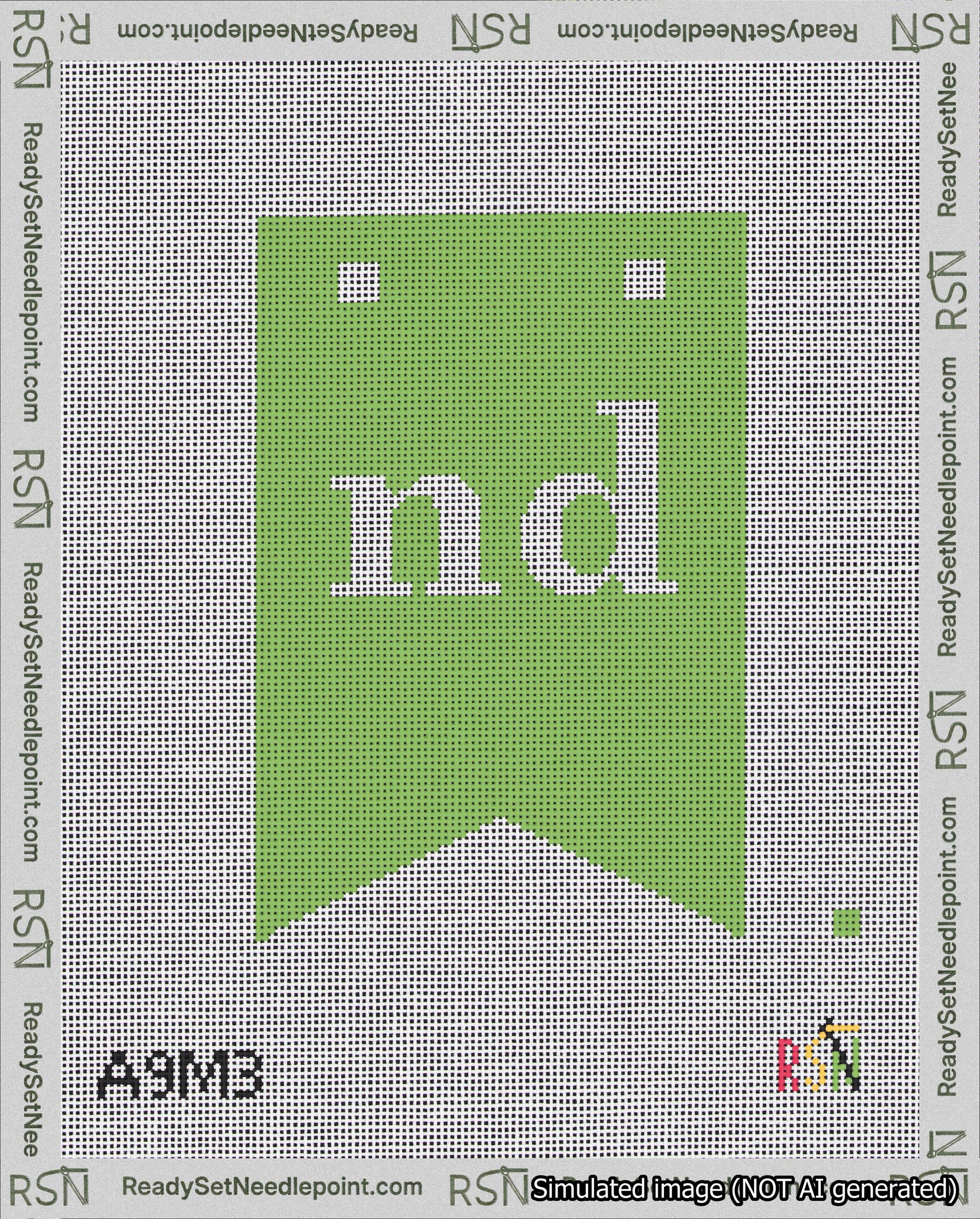 A taped needlepoint canvas with the design: Banner 18 mesh count Forked nd White on Light Green.