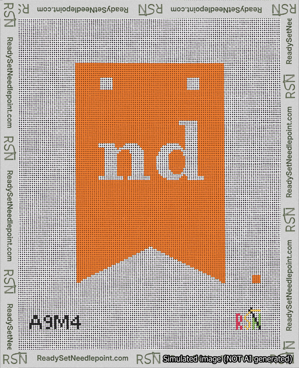 A taped needlepoint canvas with the design: Banner 18 mesh count Forked nd White on Orange.