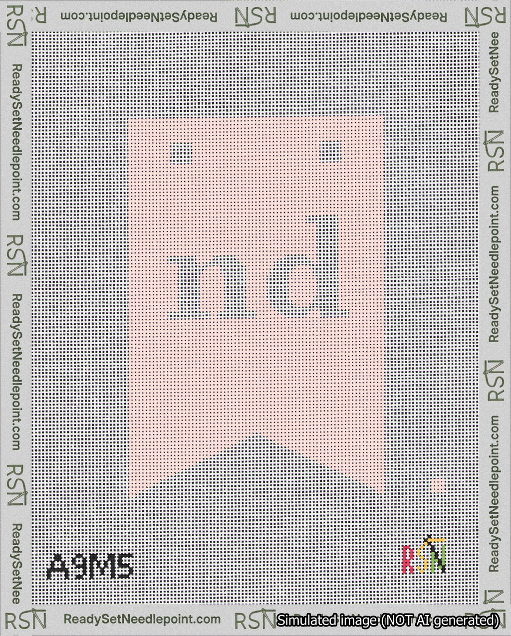 A taped needlepoint canvas with the design: Banner 18 mesh count Forked nd White on Pink.