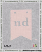 A taped needlepoint canvas with the design: Banner 18 mesh count Forked nd White on Pink.