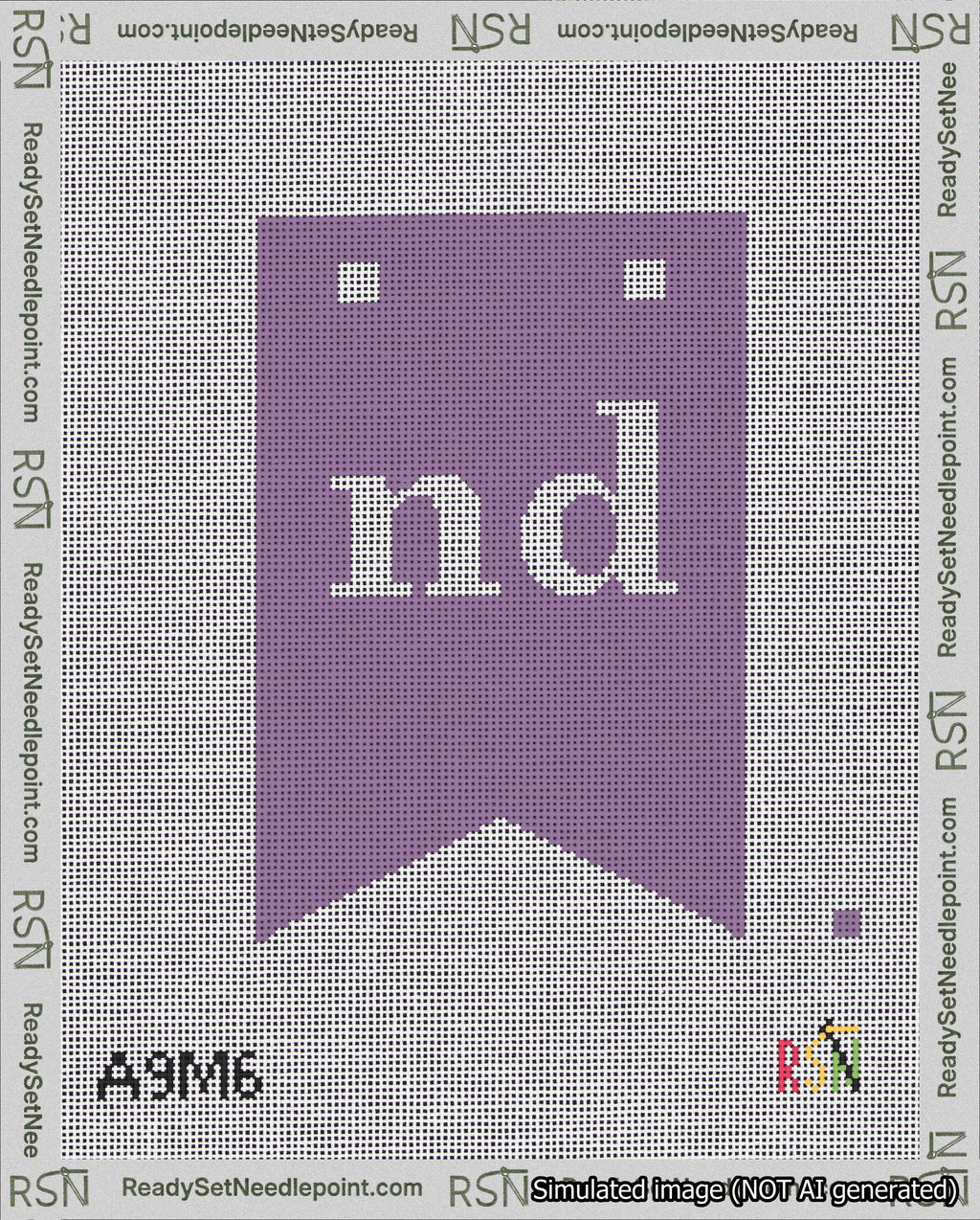 A taped needlepoint canvas with the design: Banner 18 mesh count Forked nd White on Purple.