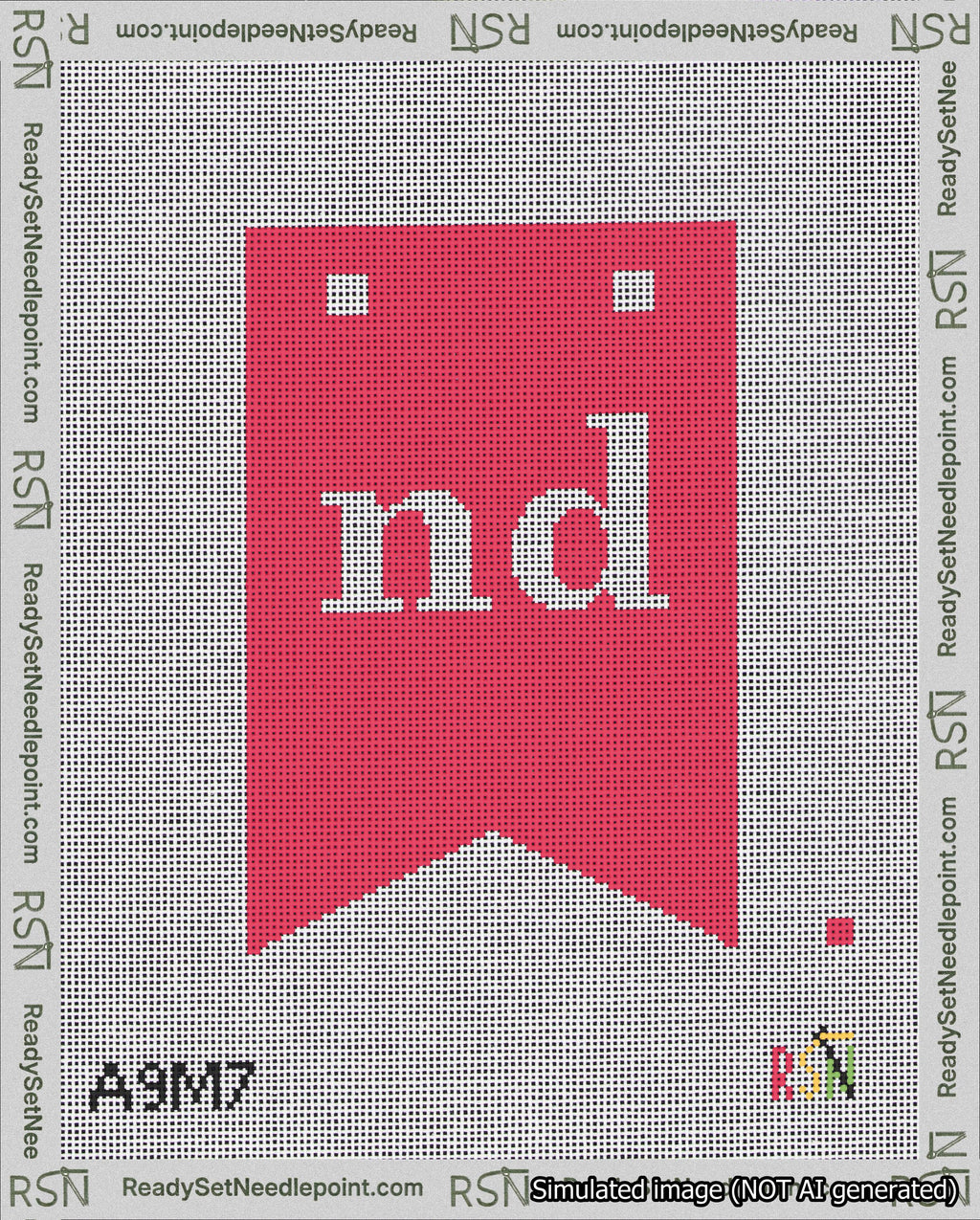 A taped needlepoint canvas with the design: Banner 18 mesh count Forked nd White on Red.