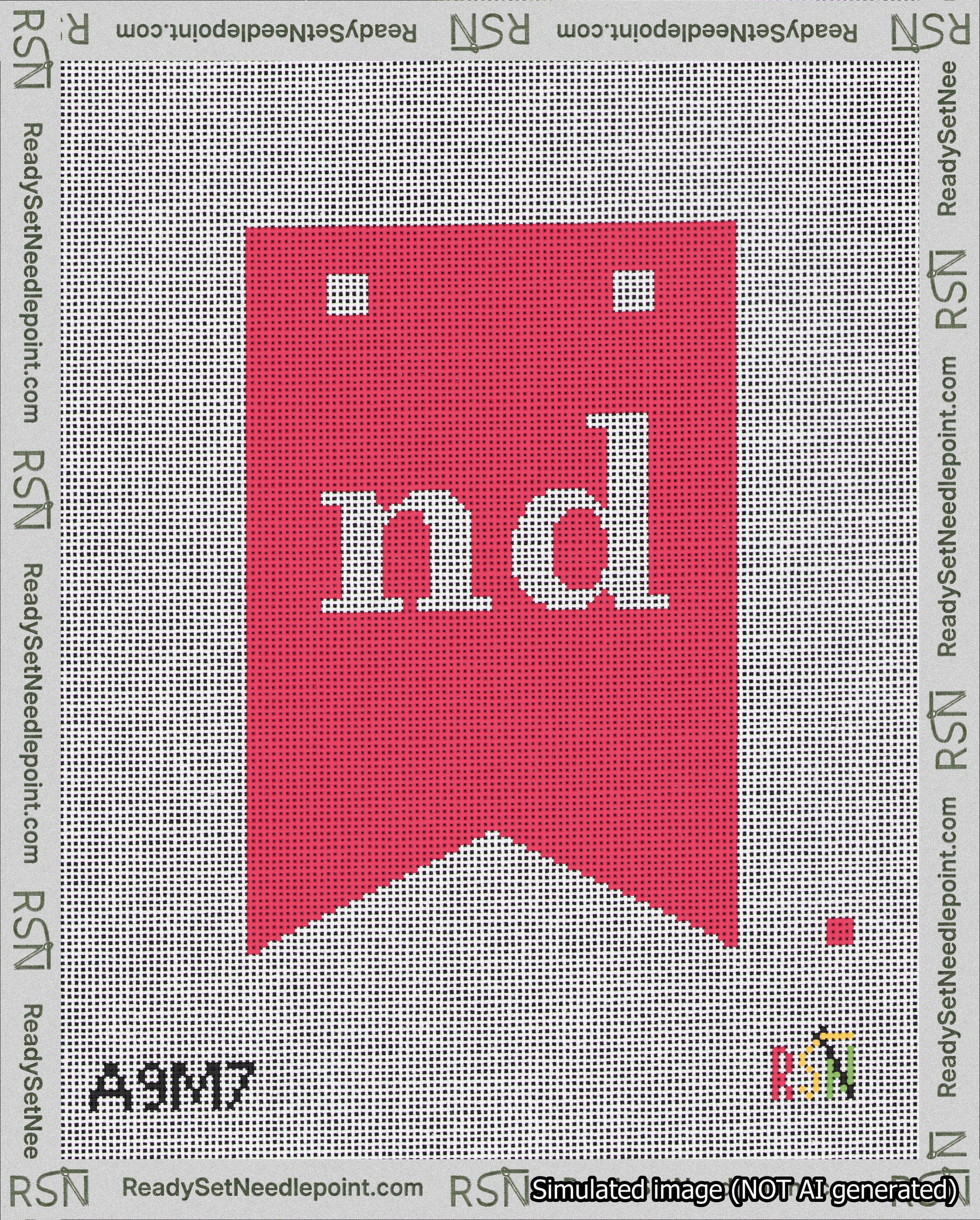 A taped needlepoint canvas with the design: Banner 18 mesh count Forked nd White on Red.