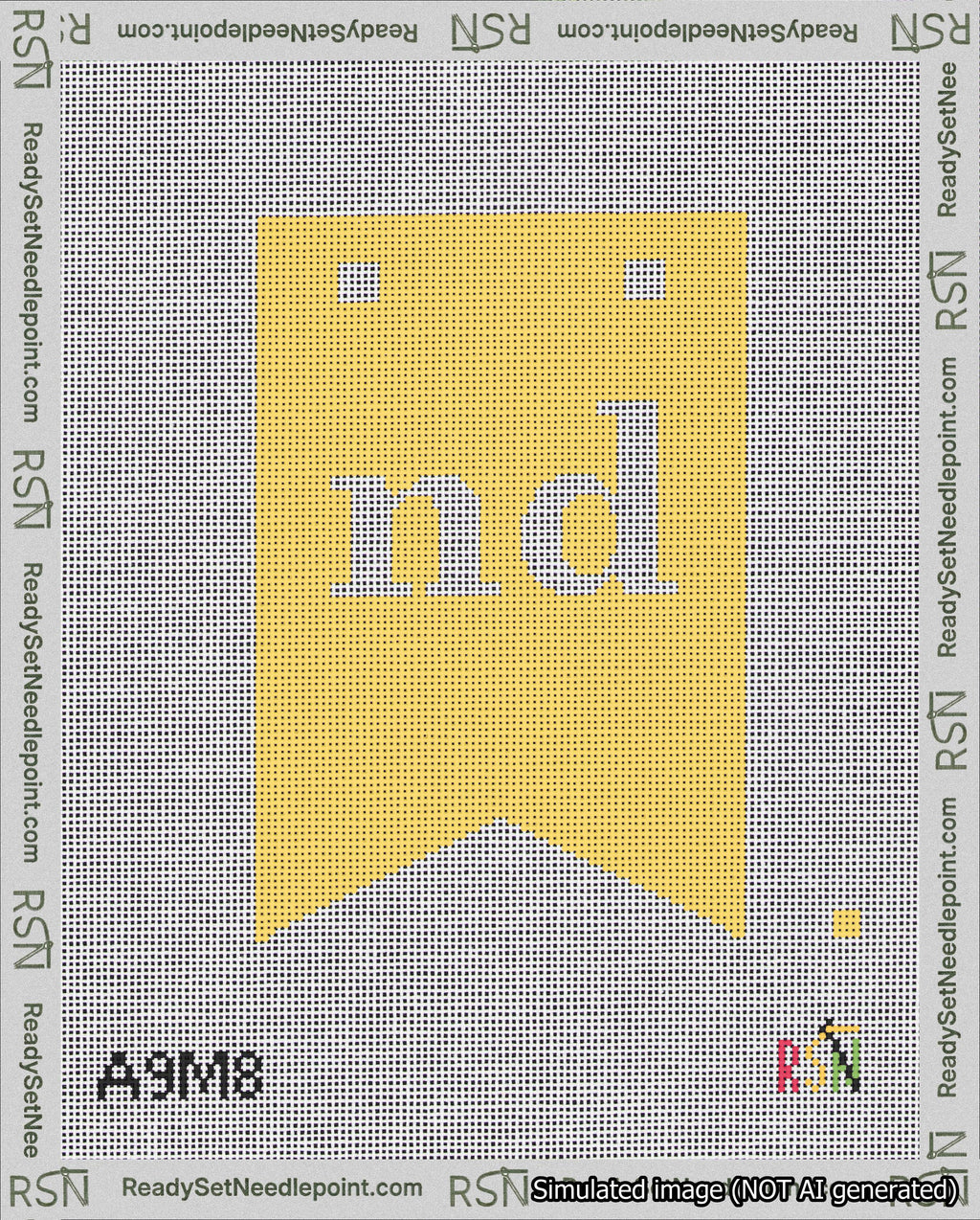 A taped needlepoint canvas with the design: Banner 18 mesh count Forked nd White on Yellow.