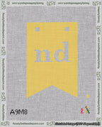 A taped needlepoint canvas with the design: Banner 18 mesh count Forked nd White on Yellow.