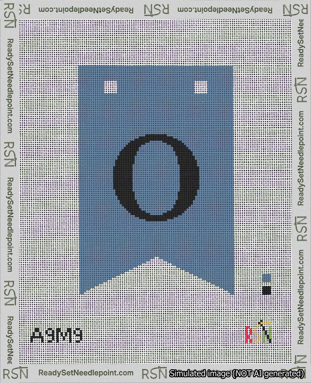 A taped needlepoint canvas with the design: Banner 18 mesh count Forked O Black on Blue.