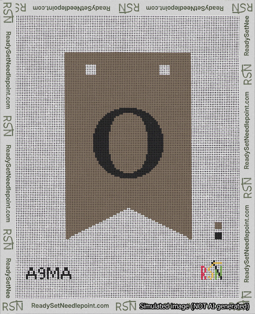 A taped needlepoint canvas with the design: Banner 18 mesh count Forked O Black on Brown.