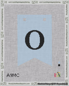A taped needlepoint canvas with the design: Banner 18 mesh count Forked O Black on Light Blue.