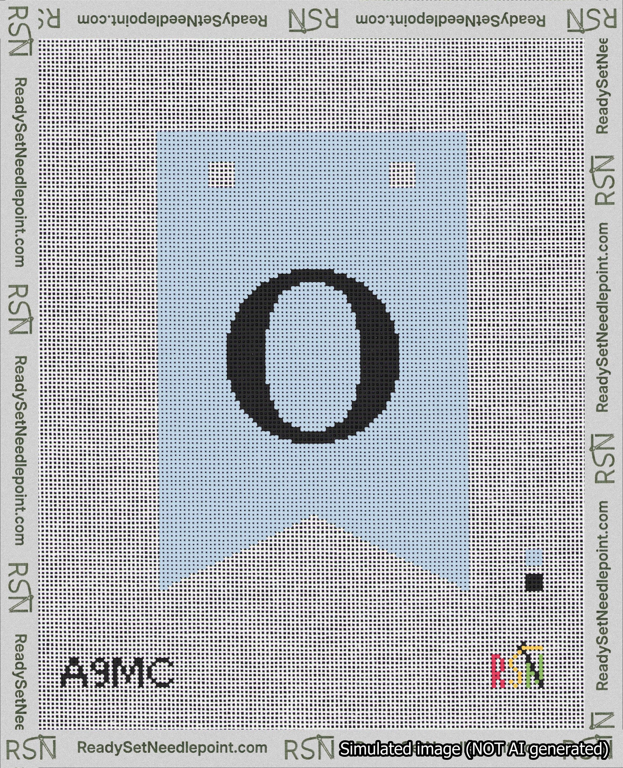A taped needlepoint canvas with the design: Banner 18 mesh count Forked O Black on Light Blue.