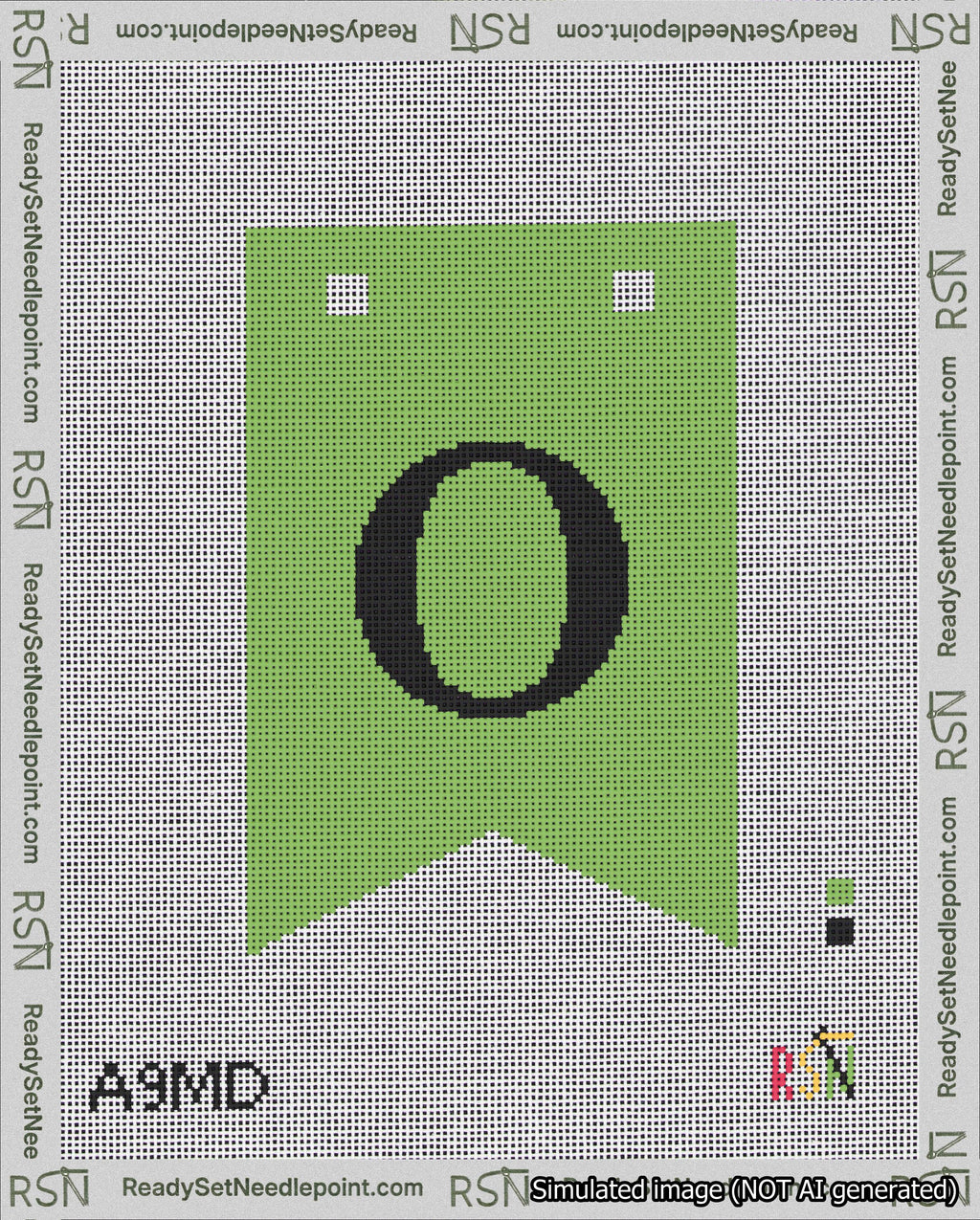 A taped needlepoint canvas with the design: Banner 18 mesh count Forked O Black on Light Green.