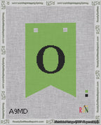 A taped needlepoint canvas with the design: Banner 18 mesh count Forked O Black on Light Green.
