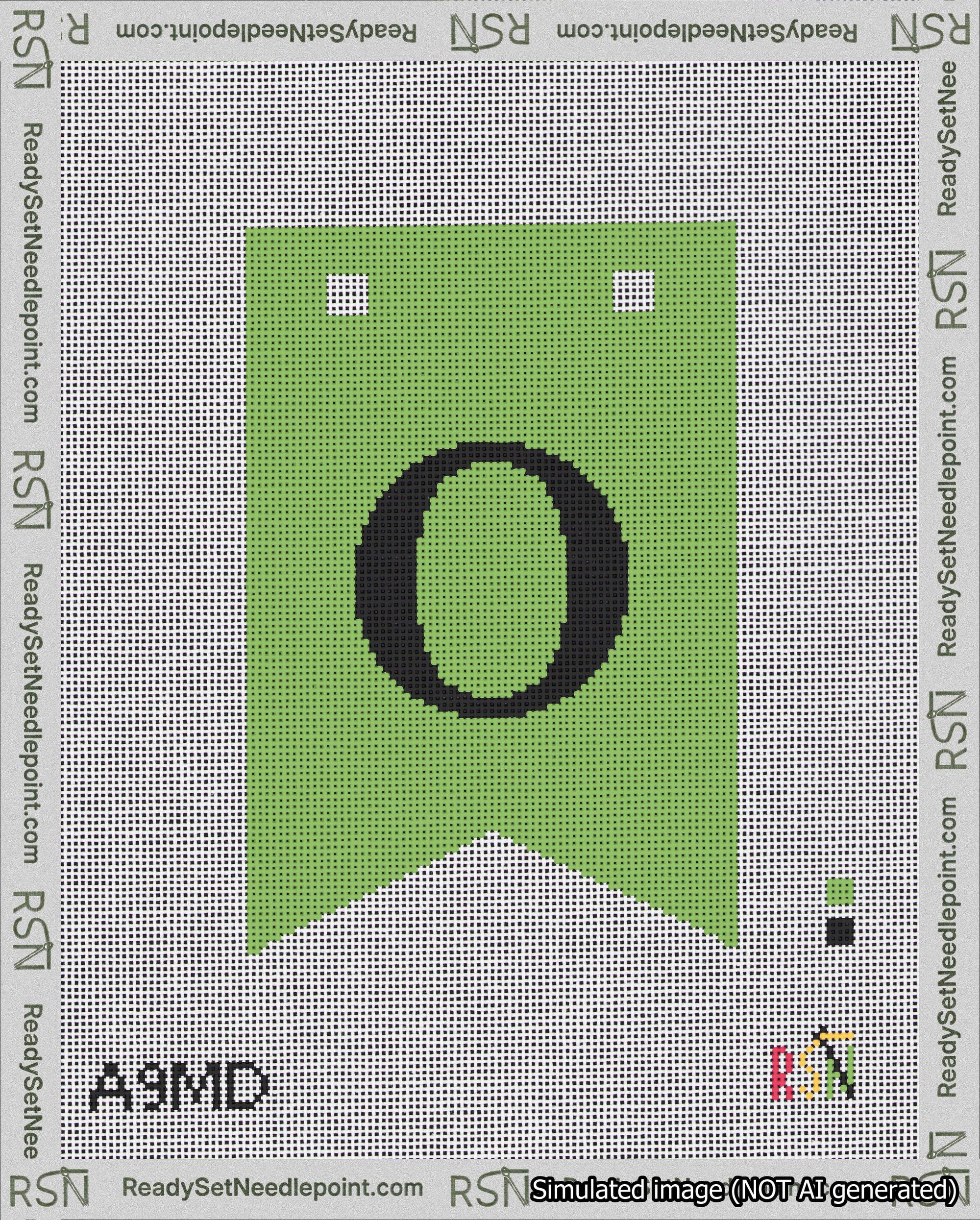 A taped needlepoint canvas with the design: Banner 18 mesh count Forked O Black on Light Green.