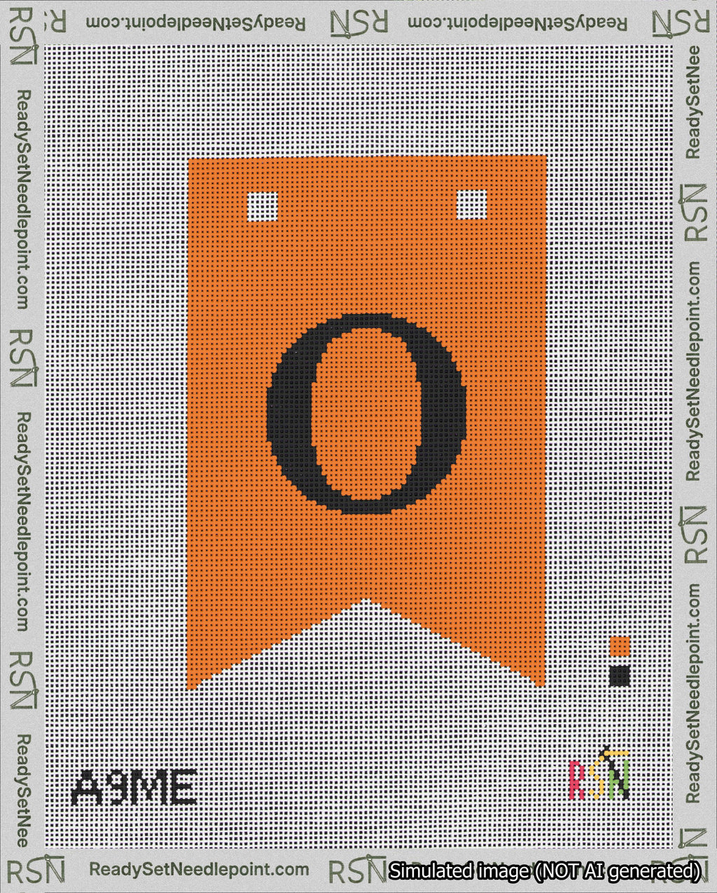 A taped needlepoint canvas with the design: Banner 18 mesh count Forked O Black on Orange.