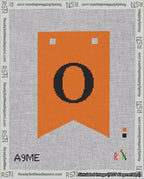 A taped needlepoint canvas with the design: Banner 18 mesh count Forked O Black on Orange.