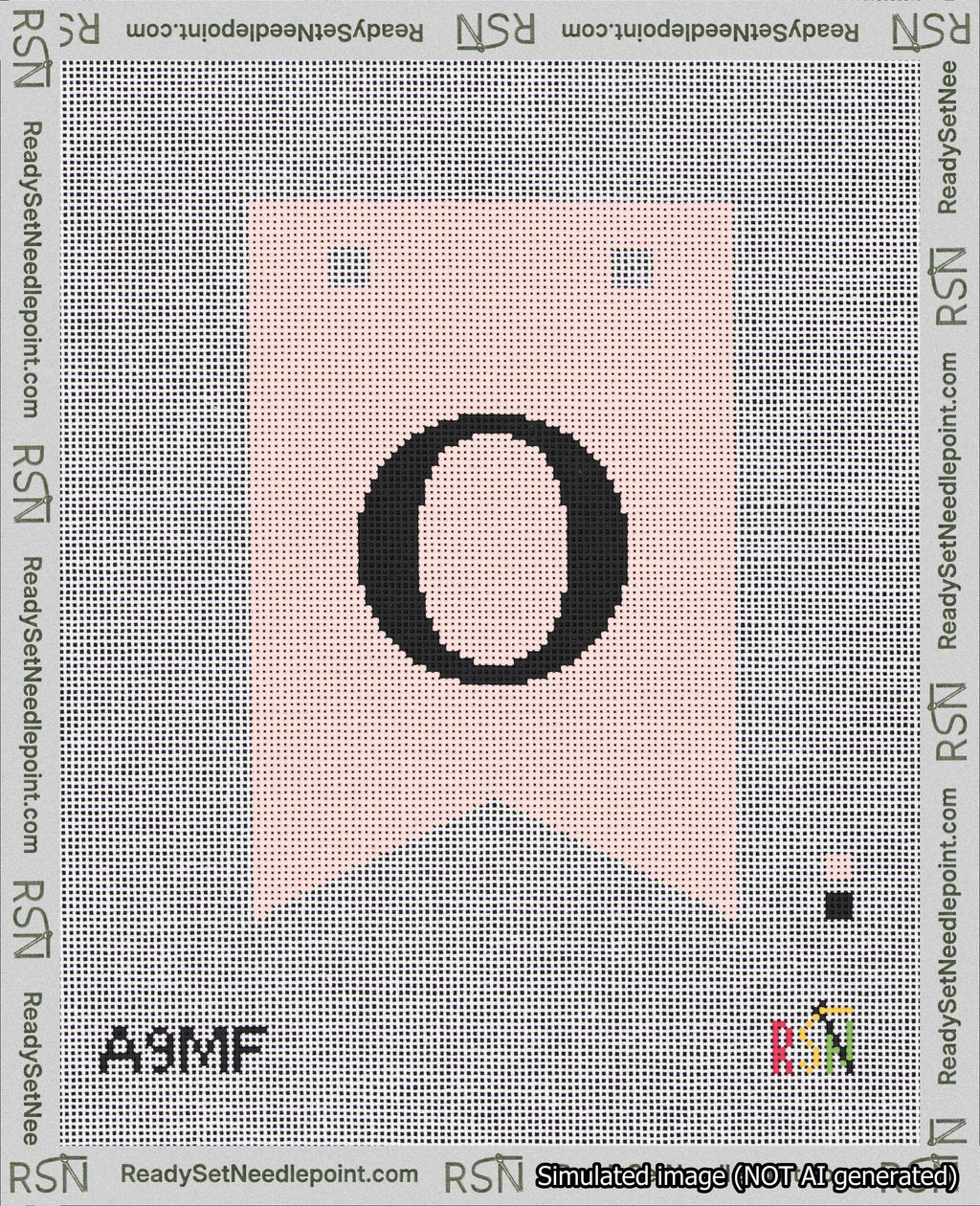 A taped needlepoint canvas with the design: Banner 18 mesh count Forked O Black on Pink.