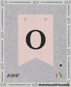 A taped needlepoint canvas with the design: Banner 18 mesh count Forked O Black on Pink.