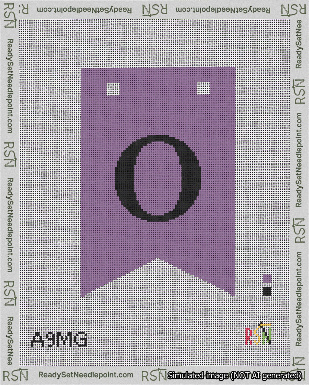 A taped needlepoint canvas with the design: Banner 18 mesh count Forked O Black on Purple.