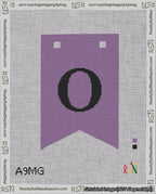 A taped needlepoint canvas with the design: Banner 18 mesh count Forked O Black on Purple.