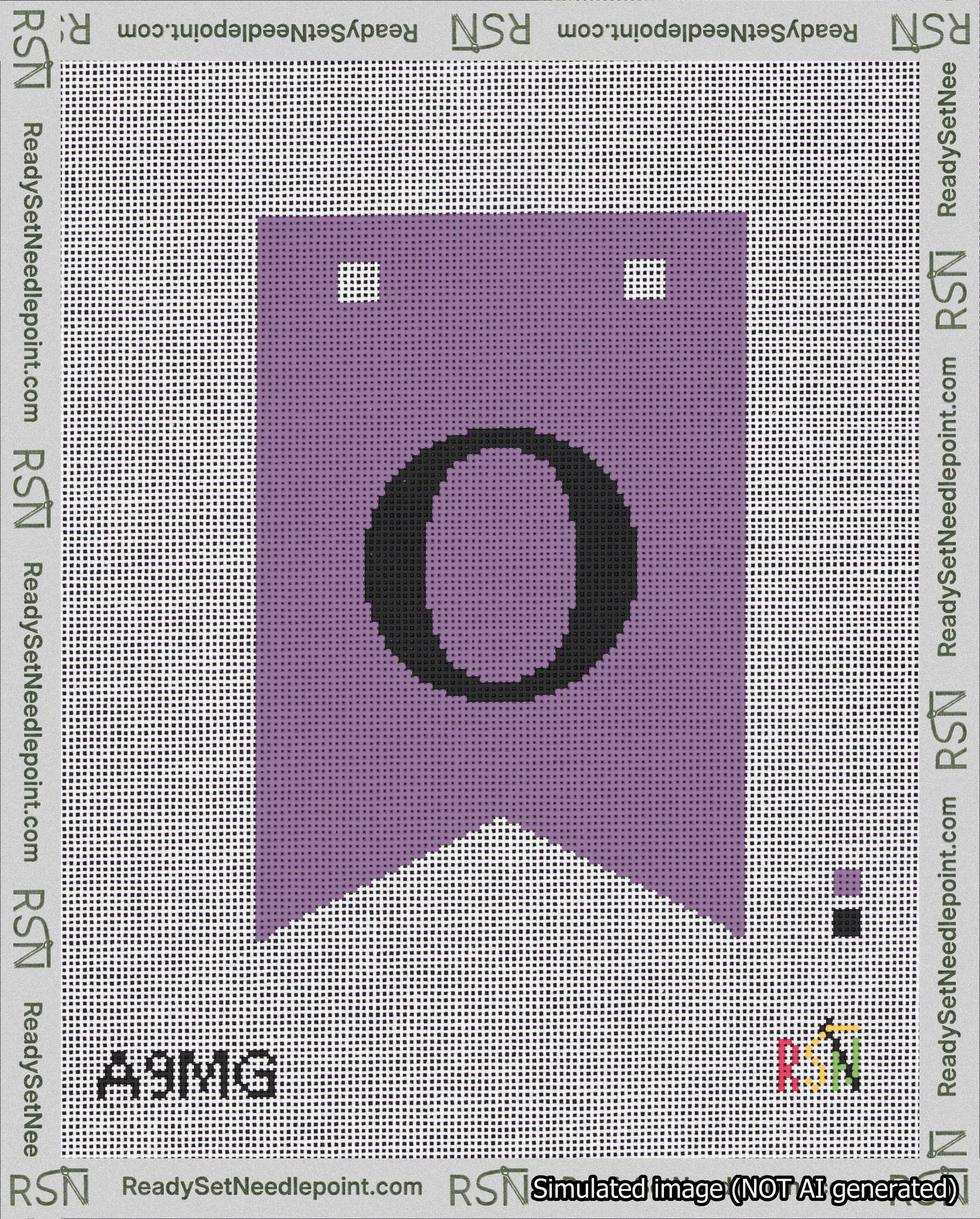 A taped needlepoint canvas with the design: Banner 18 mesh count Forked O Black on Purple.
