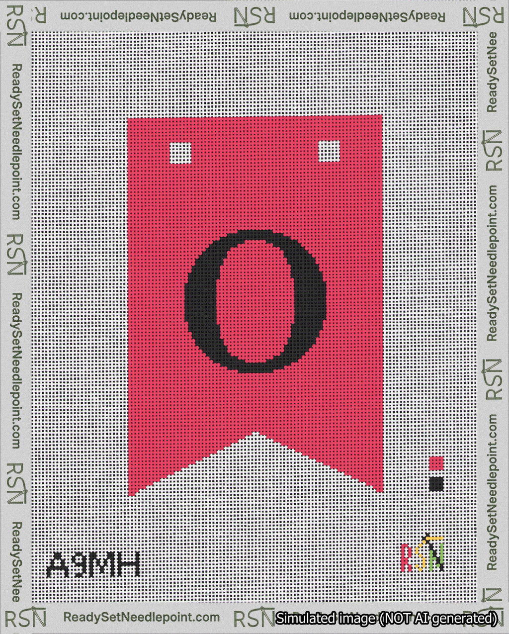 A taped needlepoint canvas with the design: Banner 18 mesh count Forked O Black on Red.