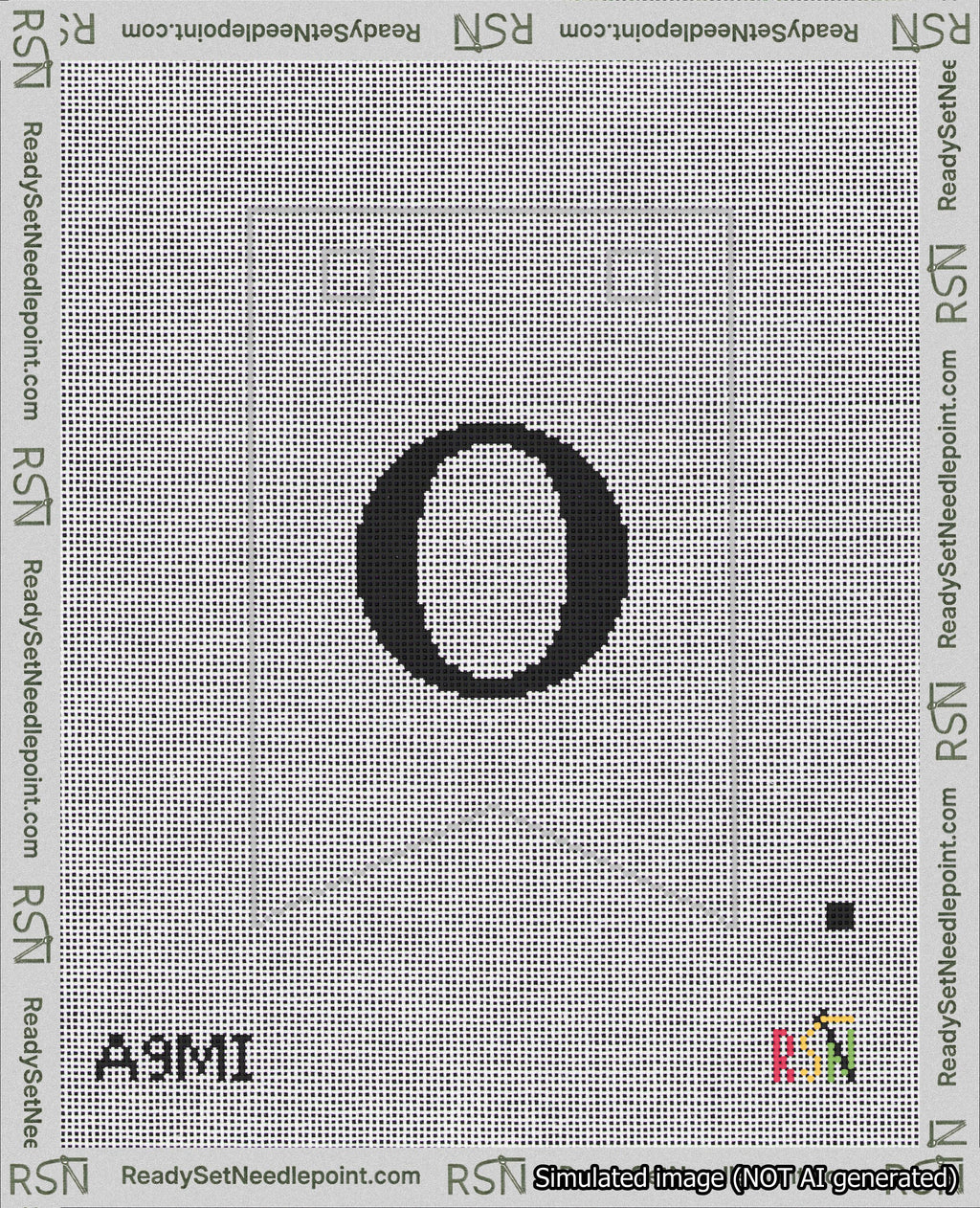 A taped needlepoint canvas with the design: Banner 18 mesh count Forked O Black on White.