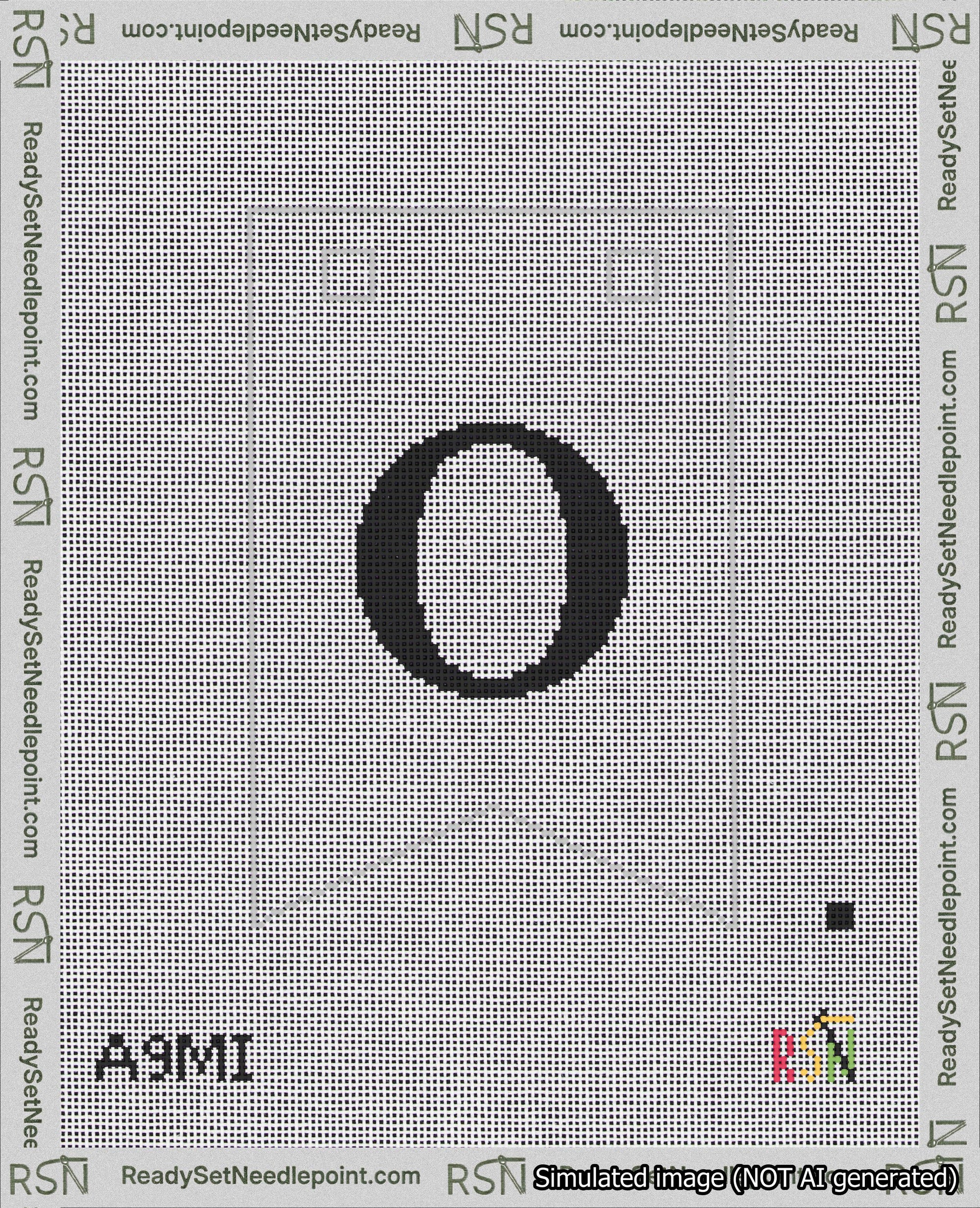 A taped needlepoint canvas with the design: Banner 18 mesh count Forked O Black on White.