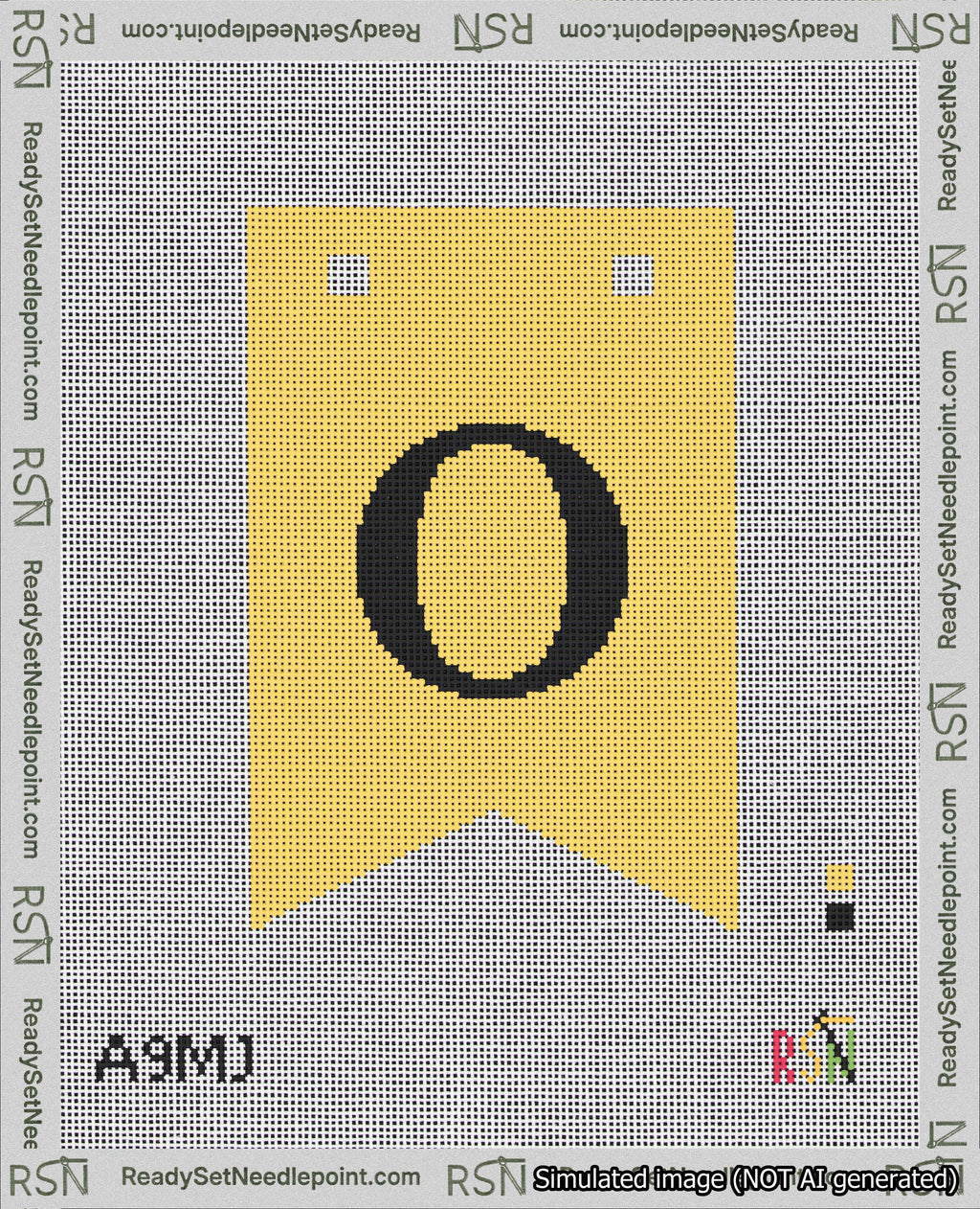 A taped needlepoint canvas with the design: Banner 18 mesh count Forked O Black on Yellow.