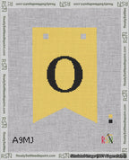 A taped needlepoint canvas with the design: Banner 18 mesh count Forked O Black on Yellow.