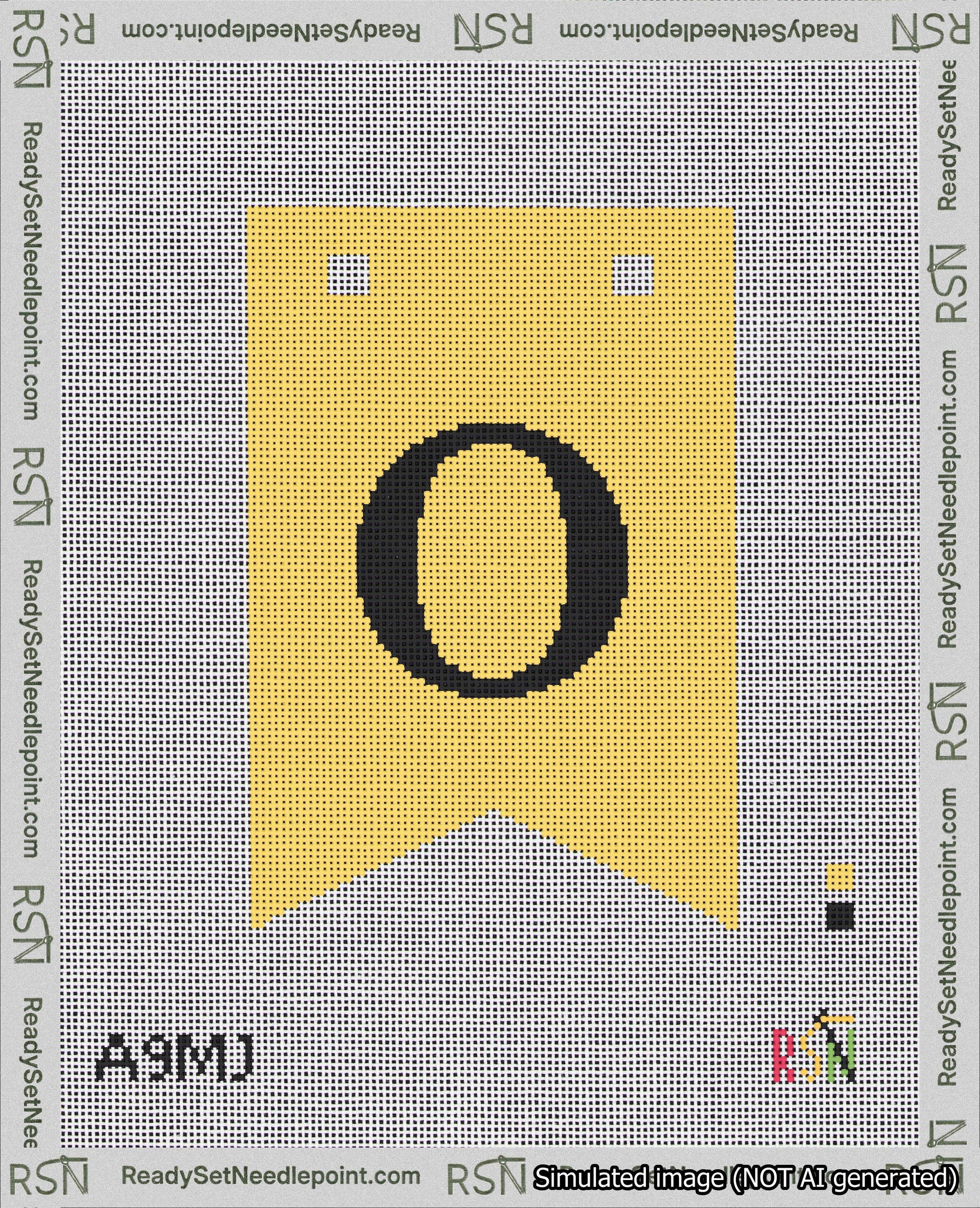A taped needlepoint canvas with the design: Banner 18 mesh count Forked O Black on Yellow.
