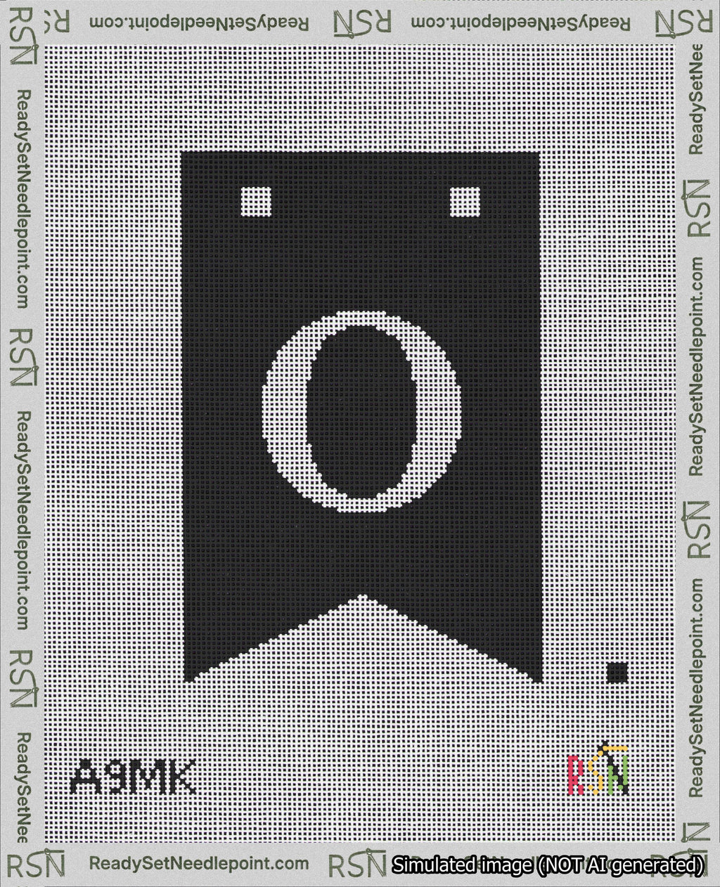 A taped needlepoint canvas with the design: Banner 18 mesh count Forked O White on Black.