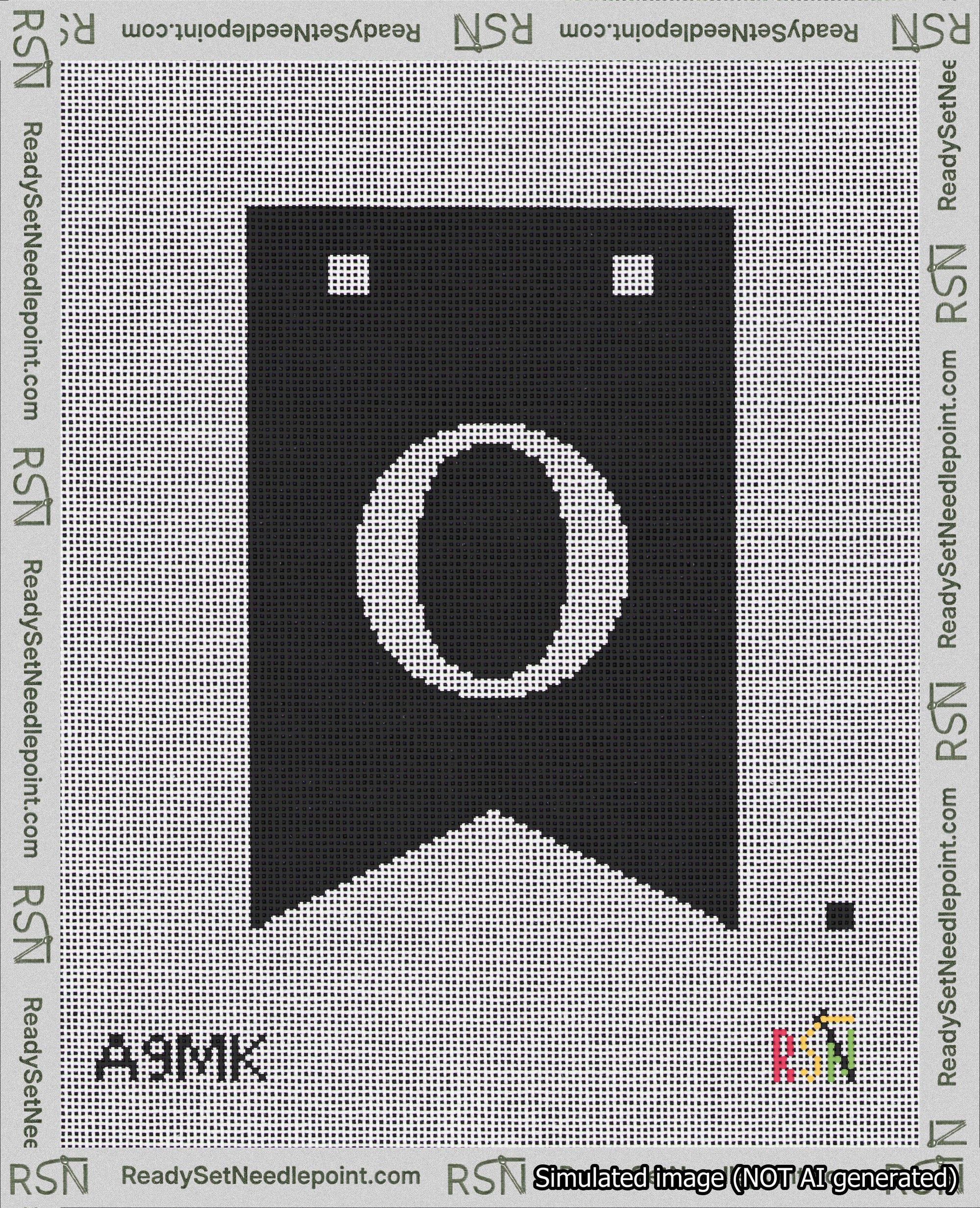 A taped needlepoint canvas with the design: Banner 18 mesh count Forked O White on Black.