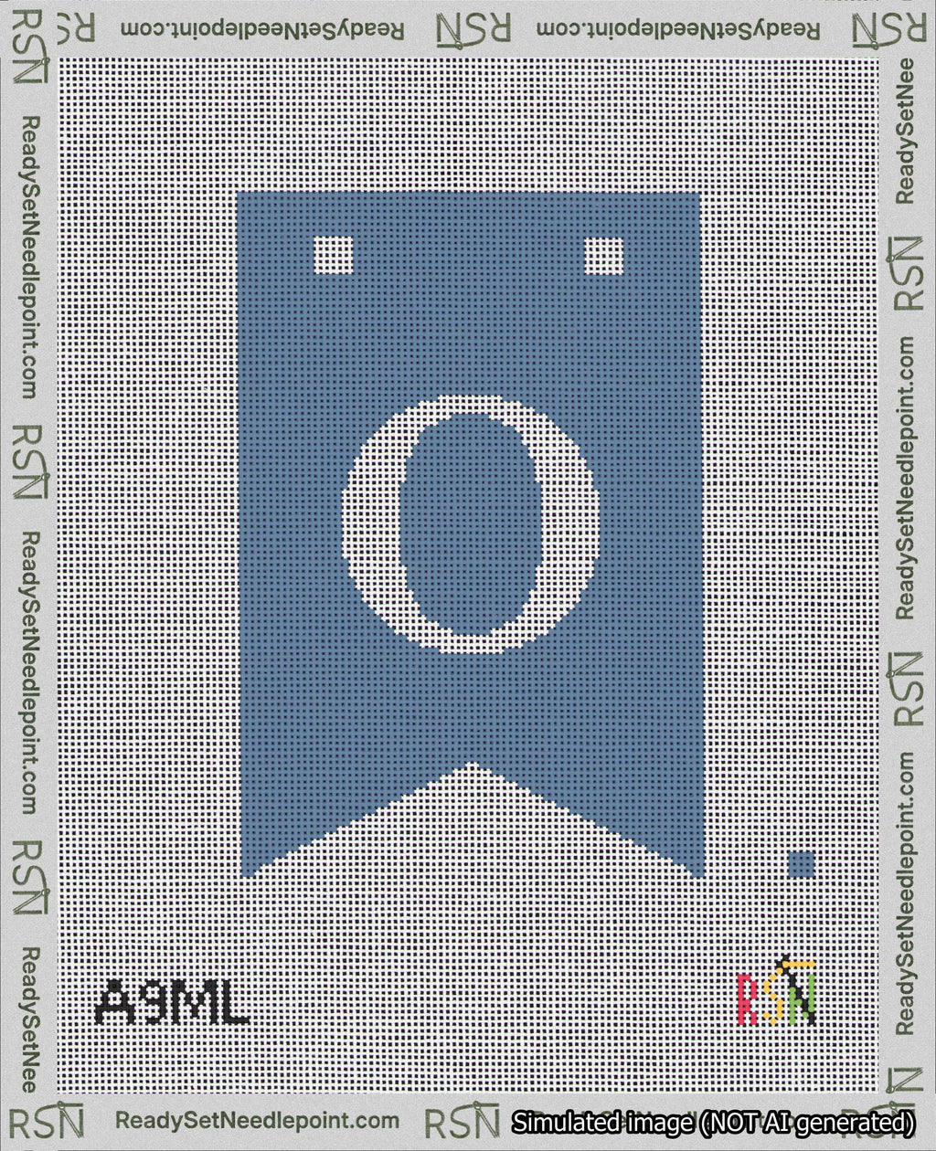 A taped needlepoint canvas with the design: Banner 18 mesh count Forked O White on Blue.